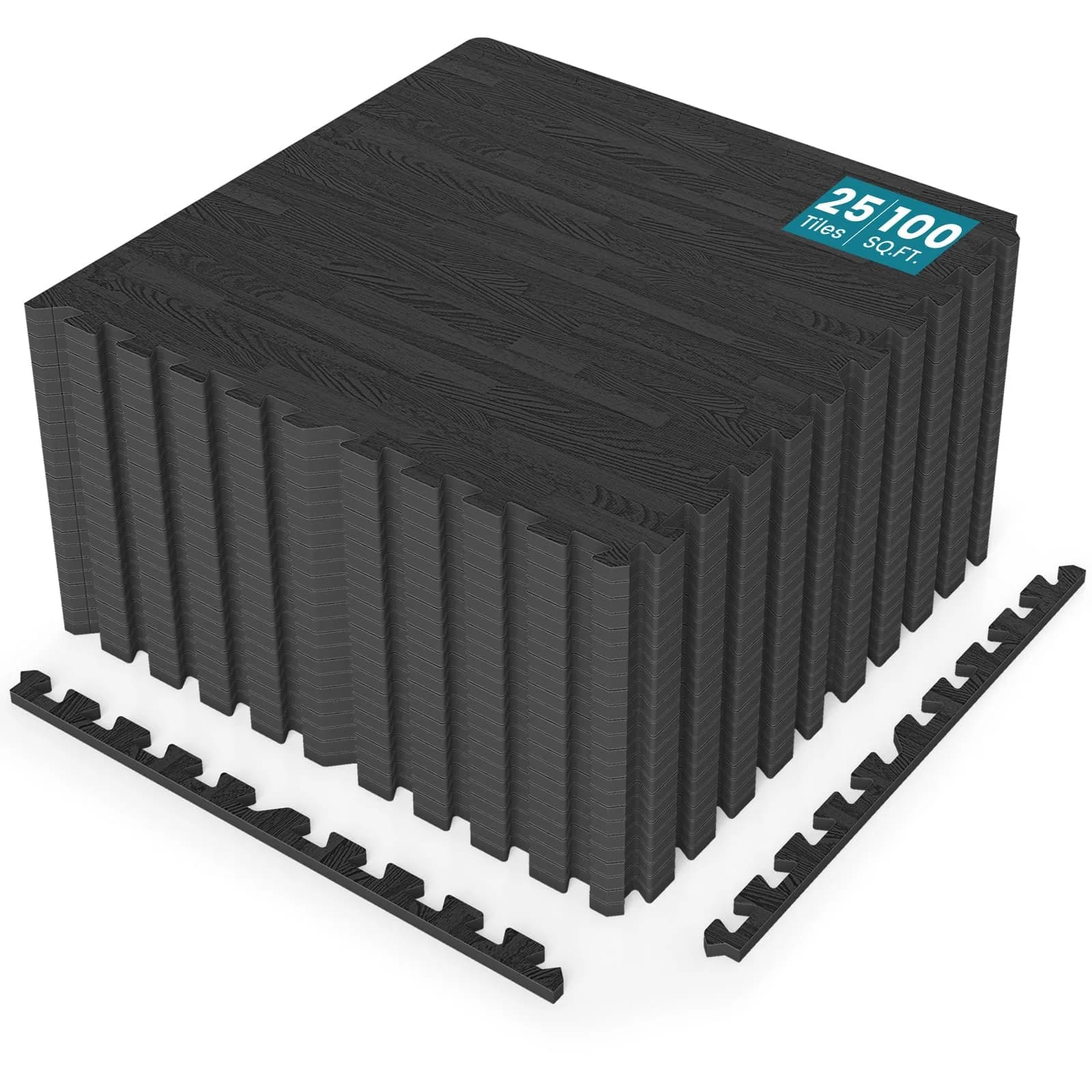 HAPPYGRILL Interlocking Wood Grain EVA Foam Floor Tiles | 25 PCS, 100 Sq. Ft, Anti-Slip, 0.4" Thick — Black