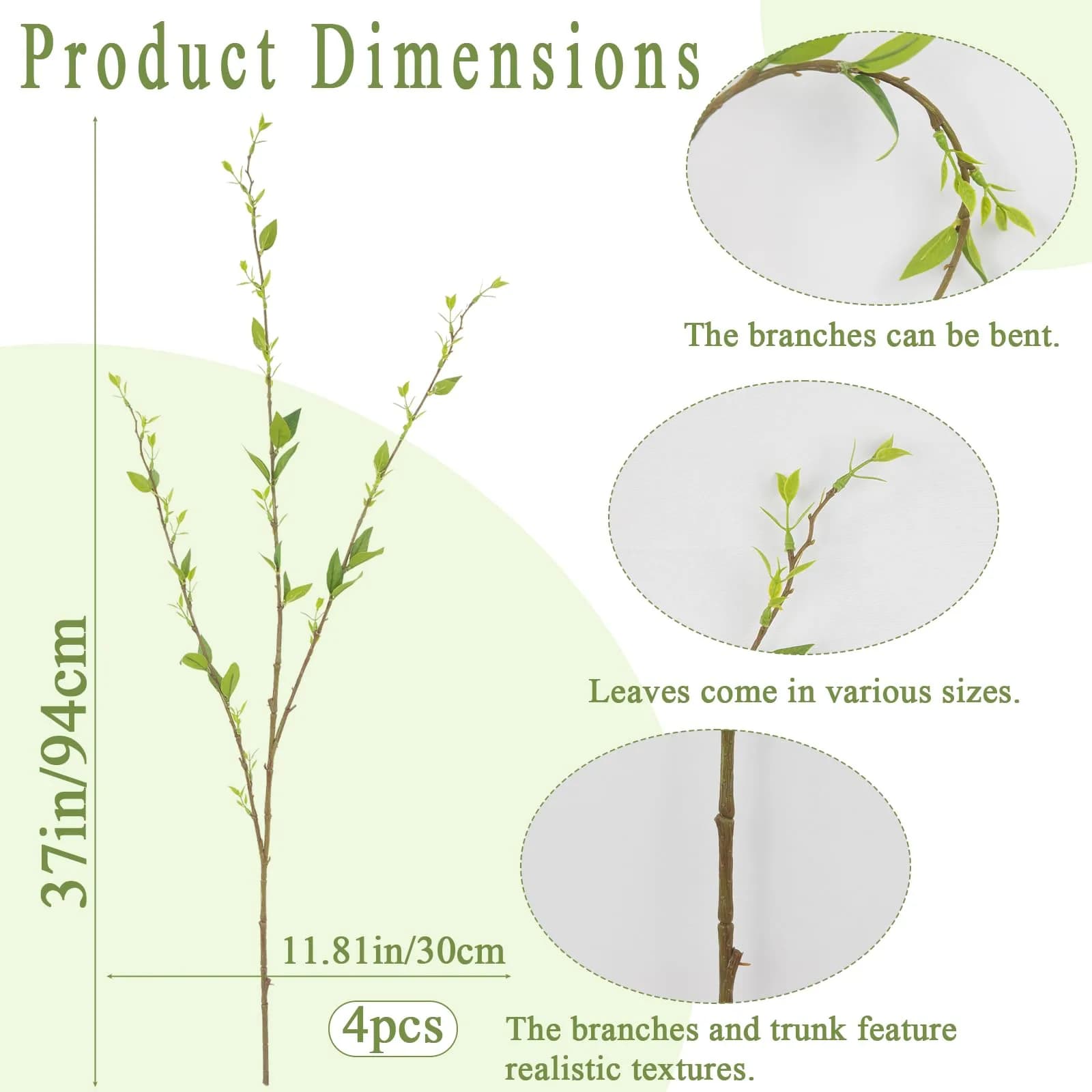 ACRYCS Artificial Branches with Leaves Green 37" (94cm) Faux Greenery Stems, Pack of 4 | Realistic Silk Foliage for Tall Vases - view 2