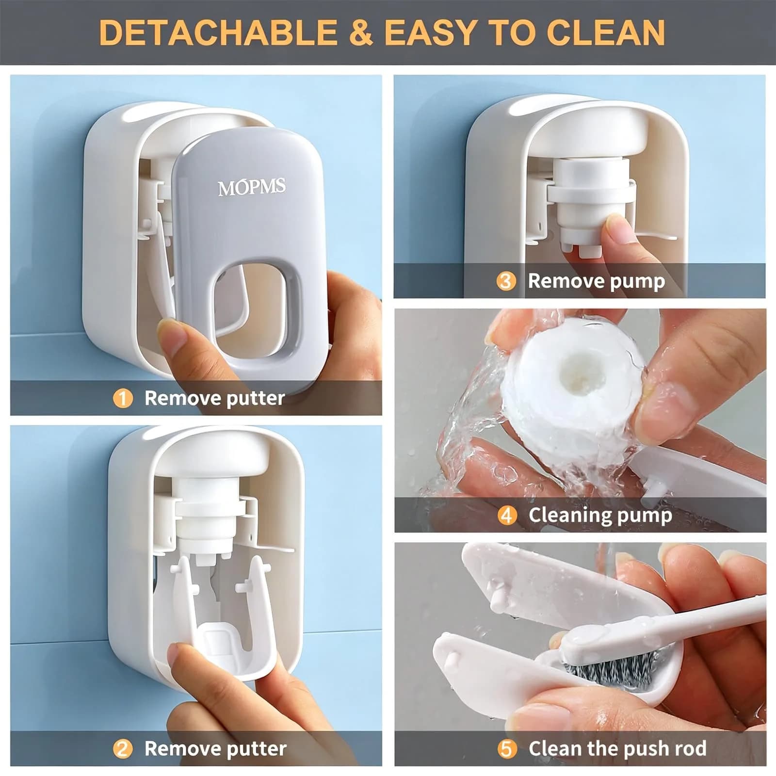 MOPMS Automatic Toothpaste Dispenser with Toothbrush Holder | Wall Mounted for Kids & Adults (Light Grey) - view 5