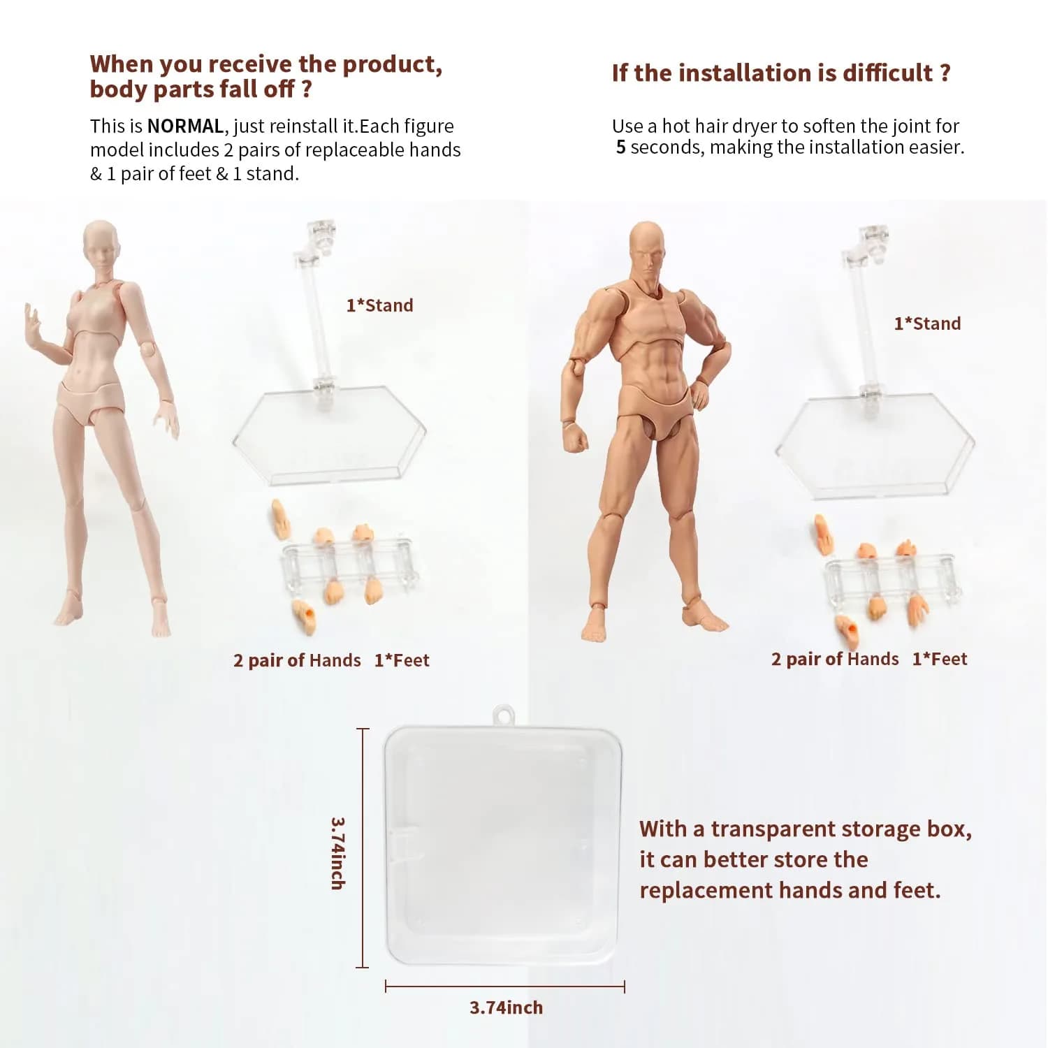 Haniforever Artist Mannequin Set (Male 14cm/5.5" & Female 13cm/5.1") | Posable Jointed Figures for Drawing & Sketching - view 3