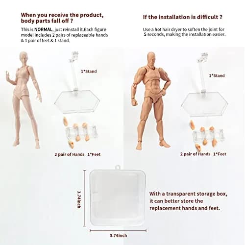 Haniforever Artist Mannequin Set (Male 14cm/5.5" & Female 13cm/5.1") | Posable Jointed Figures for Drawing & Sketching thumbnail 3