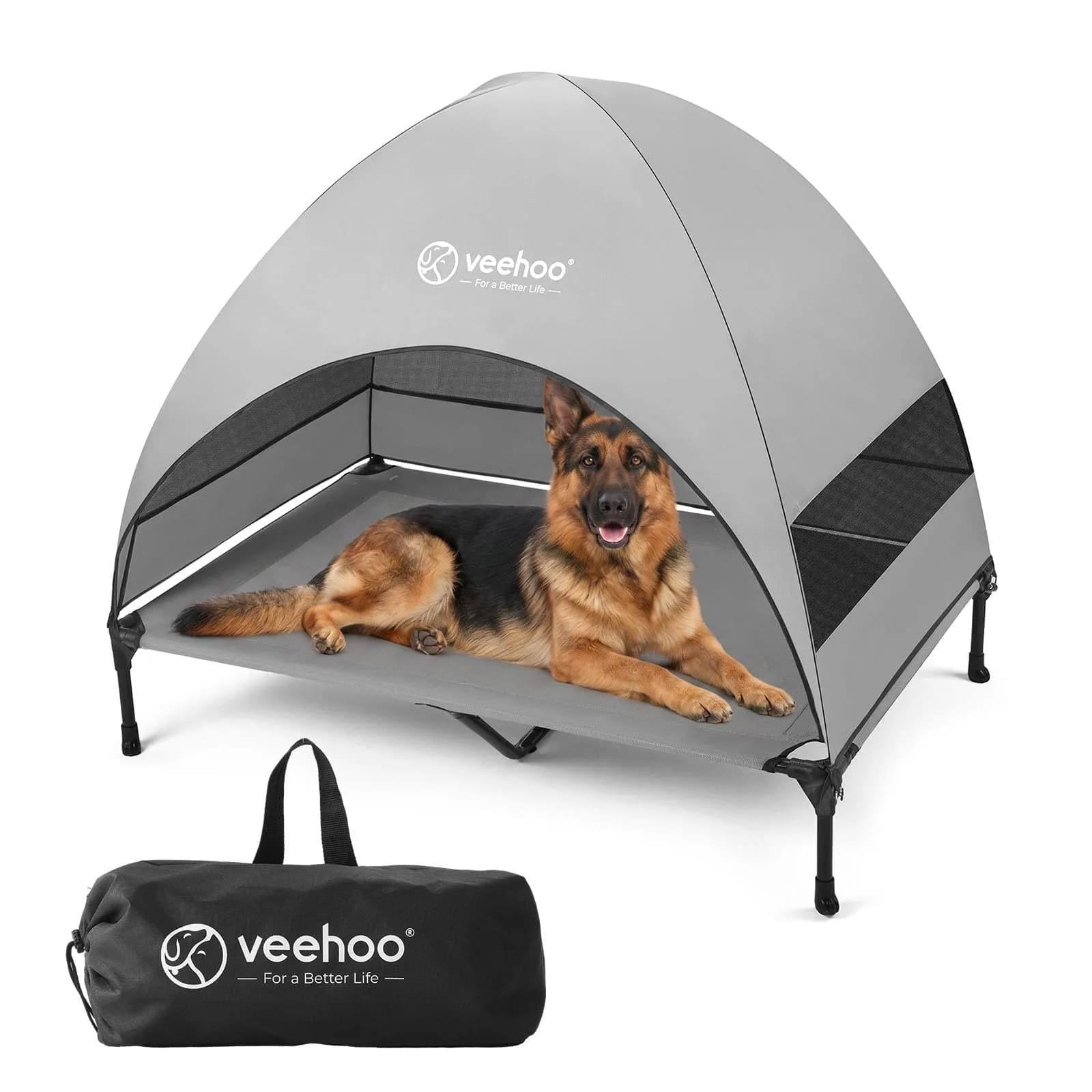 Veehoo Elevated Outdoor Dog Bed with Canopy & Cooling Shade 49" x 33" x 43.5" | Heavy Duty 150lb Capacity