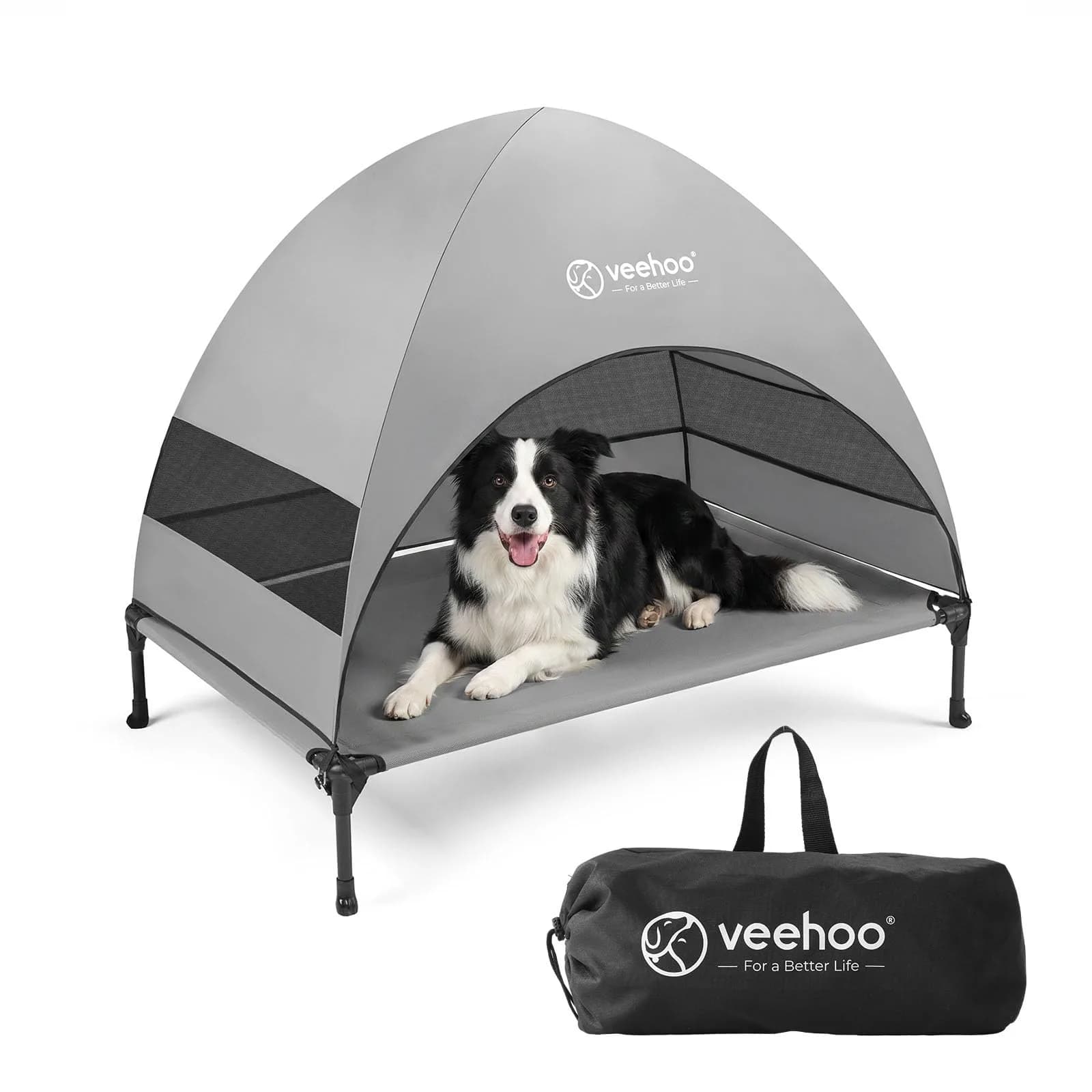 Veehoo Elevated Dog Bed with Canopy, Cooling Outdoor Shade 107cm x 76cm x 88cm | For Large Dogs Up to 68kg — Grey