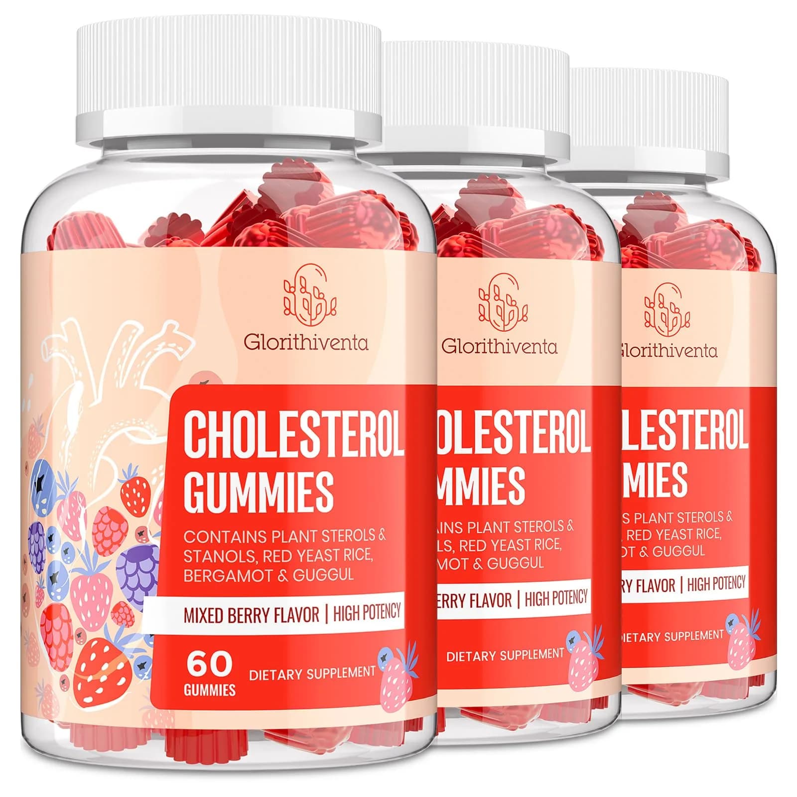 Glorithiventa Cholesterol Supplement with Plant Sterols & Stanols, Mixed Berry Flavor, 180 Counts | Vegan & Allergen-Free