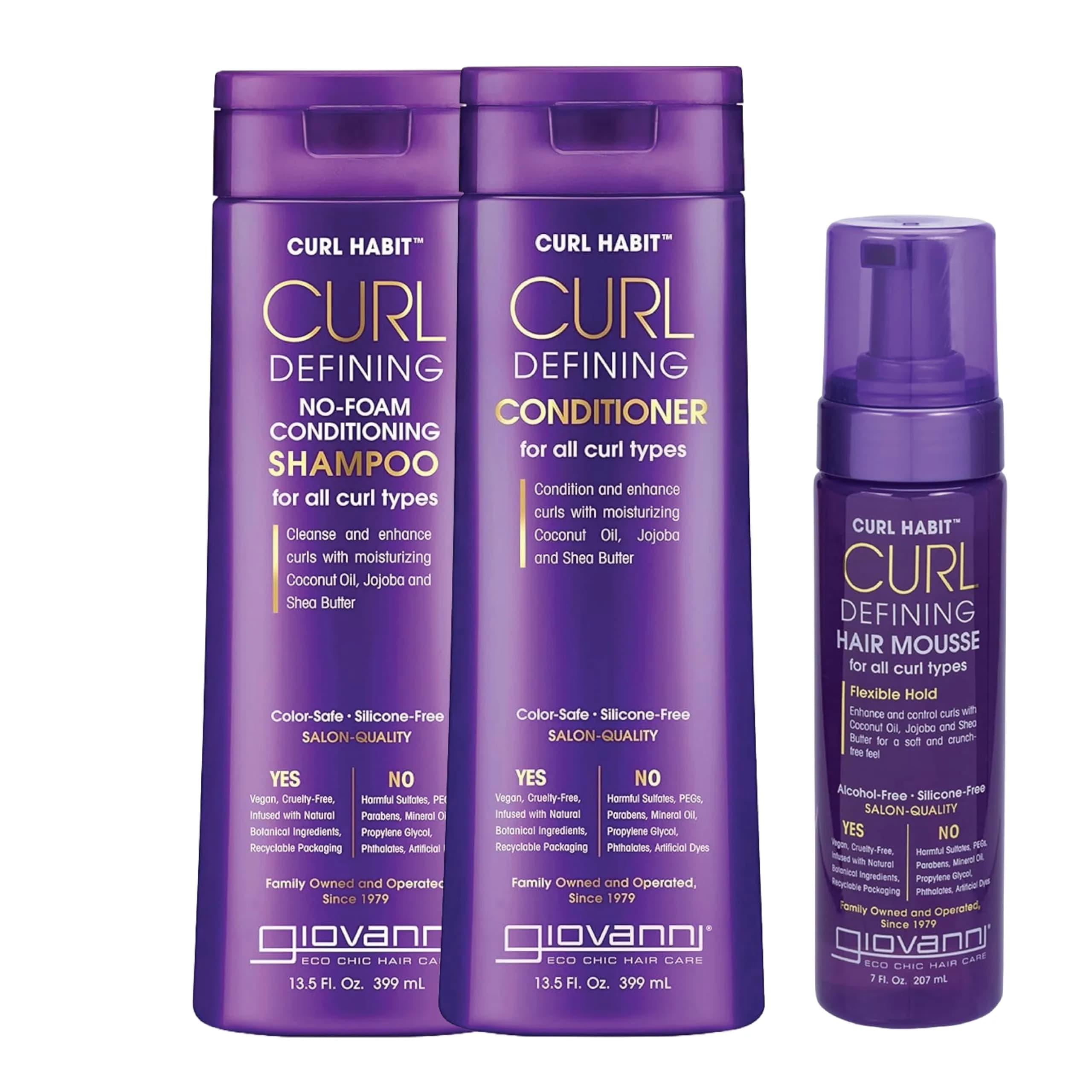 GIOVANNI Curl Habit Trio – Curly Hair Shampoo, Conditioner & Mousse, 11.33 Fl Oz (3 Pack) | Hydrates & Defines
