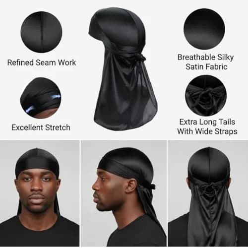 COCOSILK Silky Satin Durag Cap Black + White | Lightweight & Breathable Headwrap for Waves thumbnail 2