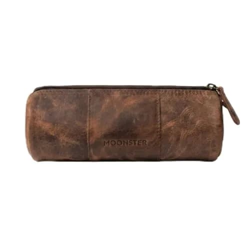 moonster Full-Grain Buffalo Leather Pen Case, 8x4 Inch | Handmade Vintage Pencil Pouch with Zipper & Compartments thumbnail 1