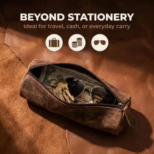moonster Full-Grain Buffalo Leather Pen Case, 8x4 Inch | Handmade Vintage Pencil Pouch with Zipper & Compartments thumbnail 6