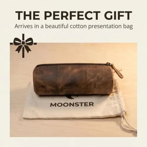 moonster Full-Grain Buffalo Leather Pen Case, 8x4 Inch | Handmade Vintage Pencil Pouch with Zipper & Compartments thumbnail 7