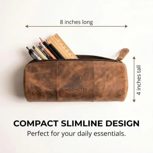 moonster Full-Grain Buffalo Leather Pen Case, 8x4 Inch | Handmade Vintage Pencil Pouch with Zipper & Compartments thumbnail 3