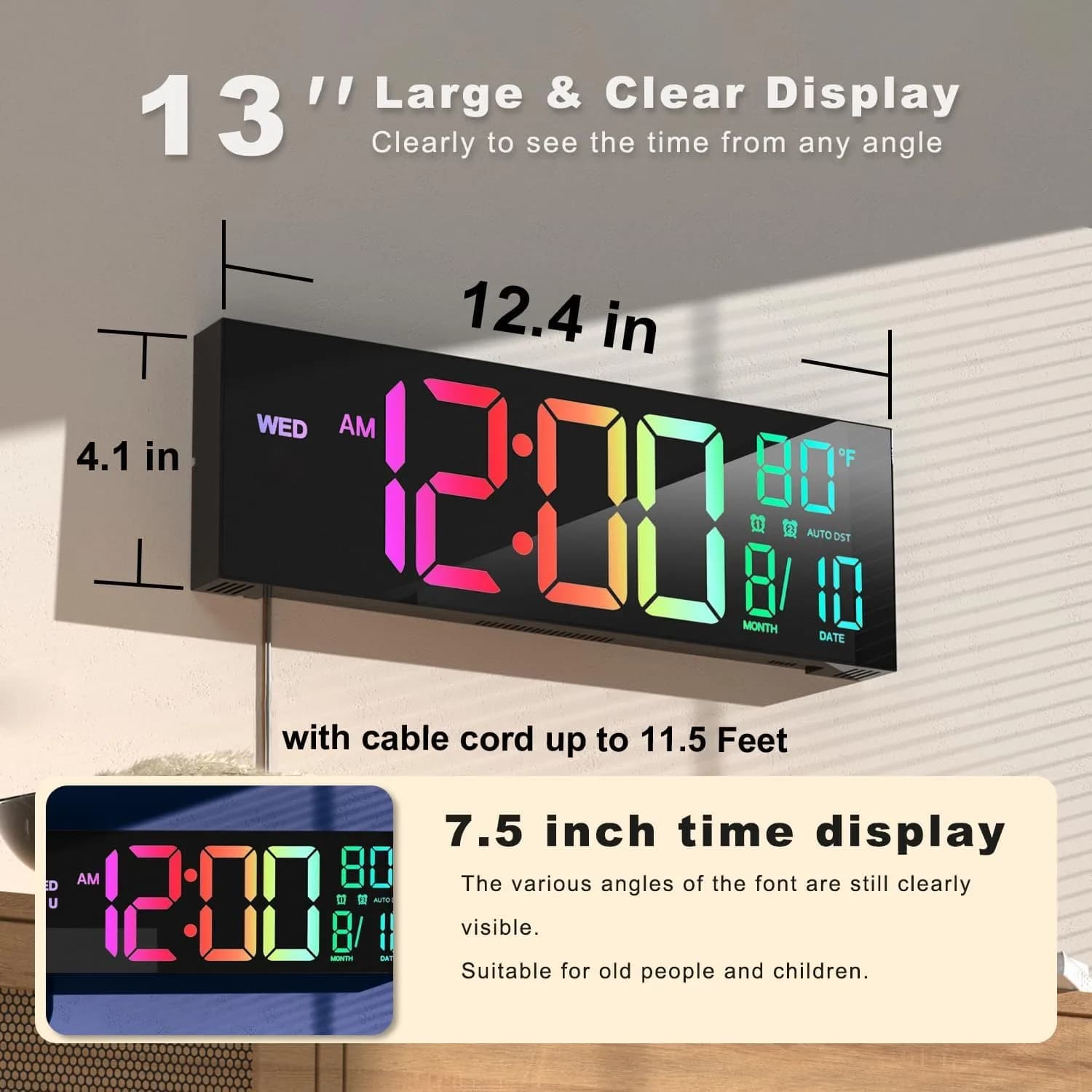 JALL Blue 13-inch Digital Wall Clock with Jumbo Display, Date, Day, Temperature, DST - view 2