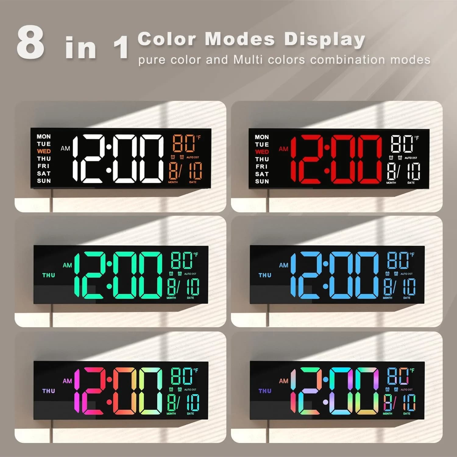 JALL Blue 13-inch Digital Wall Clock with Jumbo Display, Date, Day, Temperature, DST - view 3