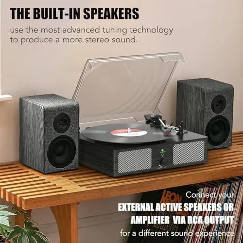 Udreamer Vinyl Record Player Wireless Turntable with Speakers & USB | Vintage Bluetooth System in Black thumbnail 4