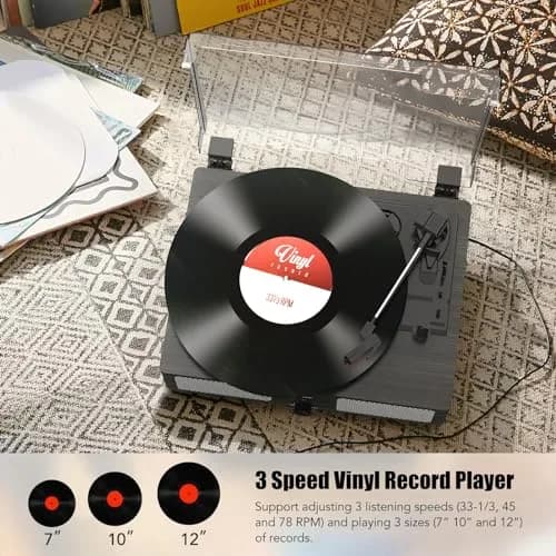 Udreamer Vinyl Record Player Wireless Turntable with Speakers & USB | Vintage Bluetooth System in Black thumbnail 5