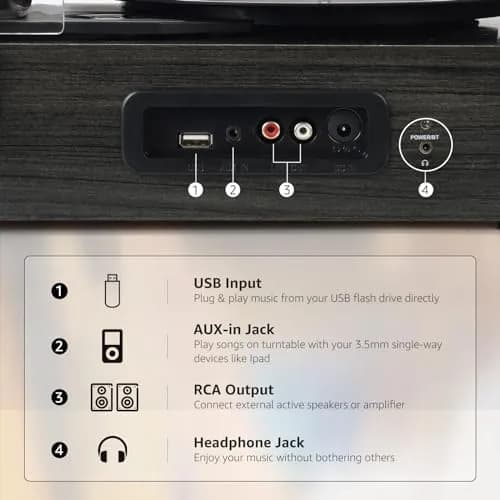 Udreamer Vinyl Record Player Wireless Turntable with Speakers & USB | Vintage Bluetooth System in Black thumbnail 6