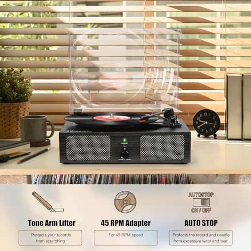 Udreamer Vinyl Record Player Wireless Turntable with Speakers & USB | Vintage Bluetooth System in Black thumbnail 7