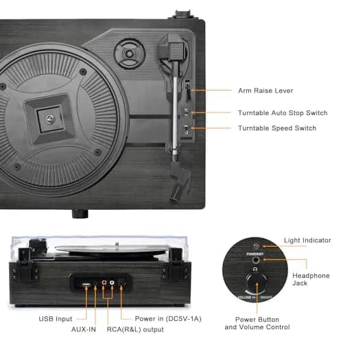 Udreamer Vinyl Record Player Wireless Turntable with Speakers & USB | Vintage Bluetooth System in Black thumbnail 2