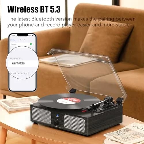 Udreamer Vinyl Record Player Wireless Turntable with Speakers & USB | Vintage Bluetooth System in Black thumbnail 3