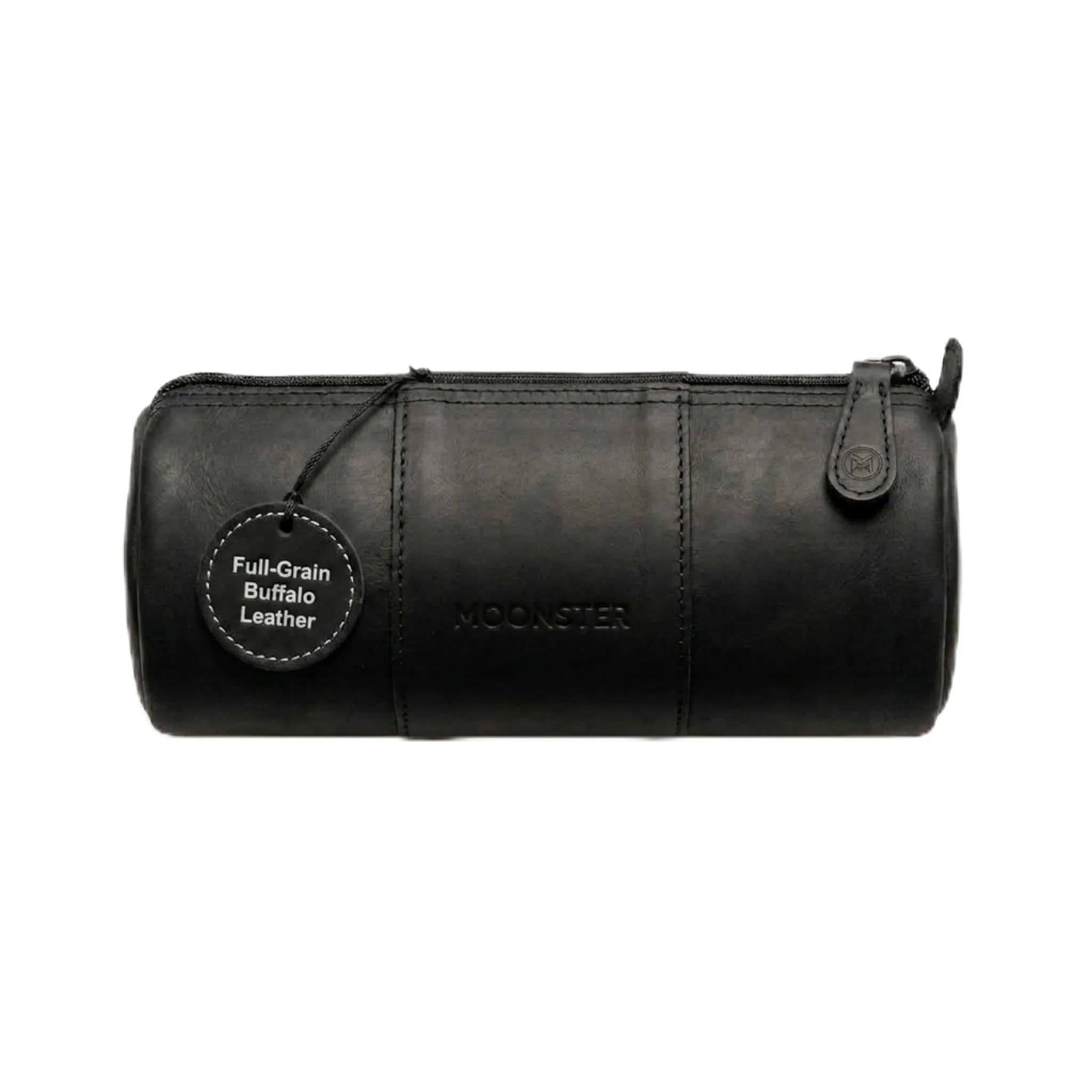moonster Full-Grain Buffalo Leather Pen Case 20cm (8 inch) | Handmade Rustic Zipper Pouch with Linen Interior & Ruler — Black - Round