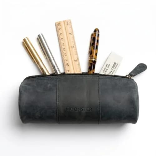 moonster Full-Grain Buffalo Leather Pen Case 20cm (8 inch) | Handmade Rustic Zipper Pouch with Linen Interior & Ruler thumbnail 6