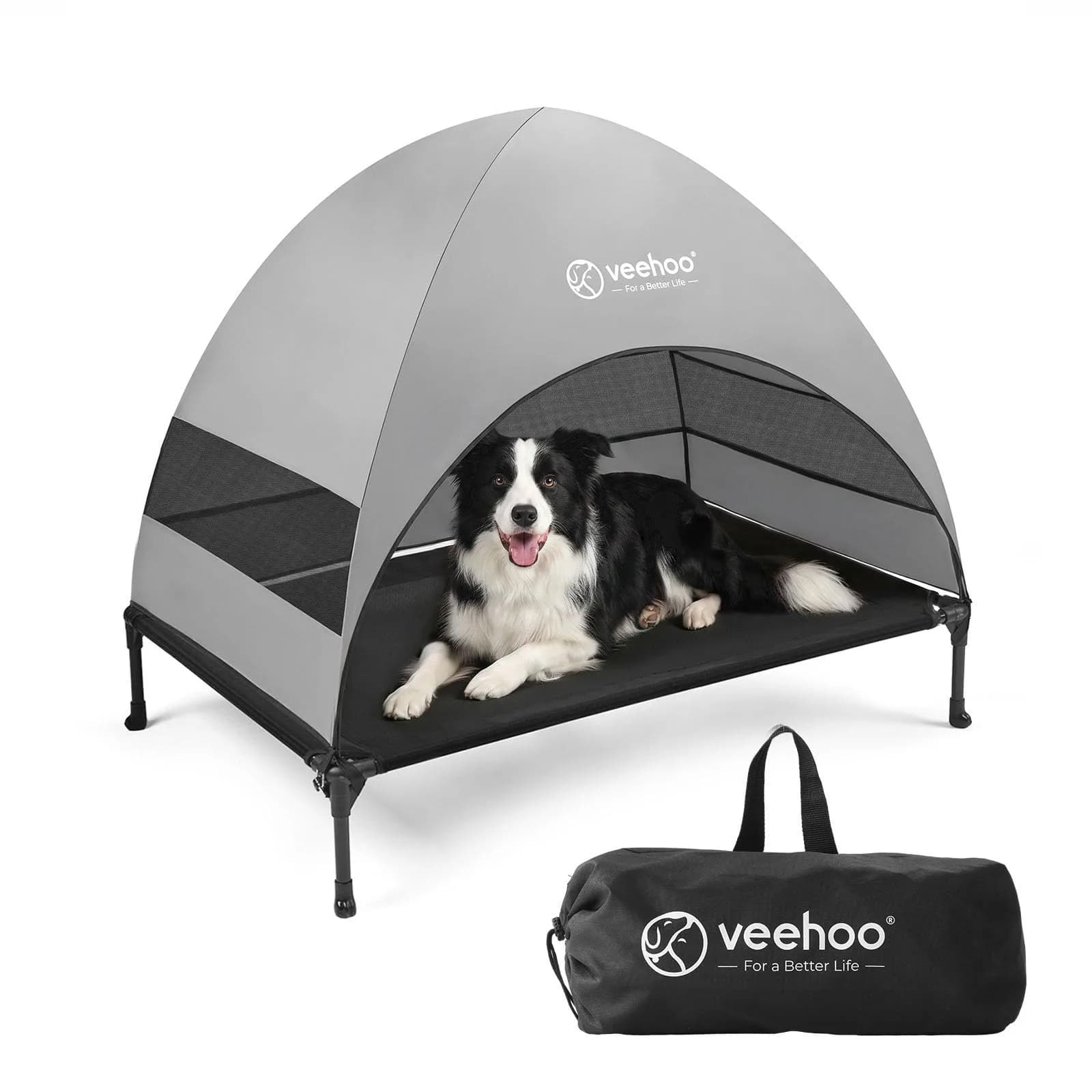 Veehoo Elevated Outdoor Dog Bed with Canopy & Cooling Shade 107cm x 76cm x 88cm | Holds 68kg — Black