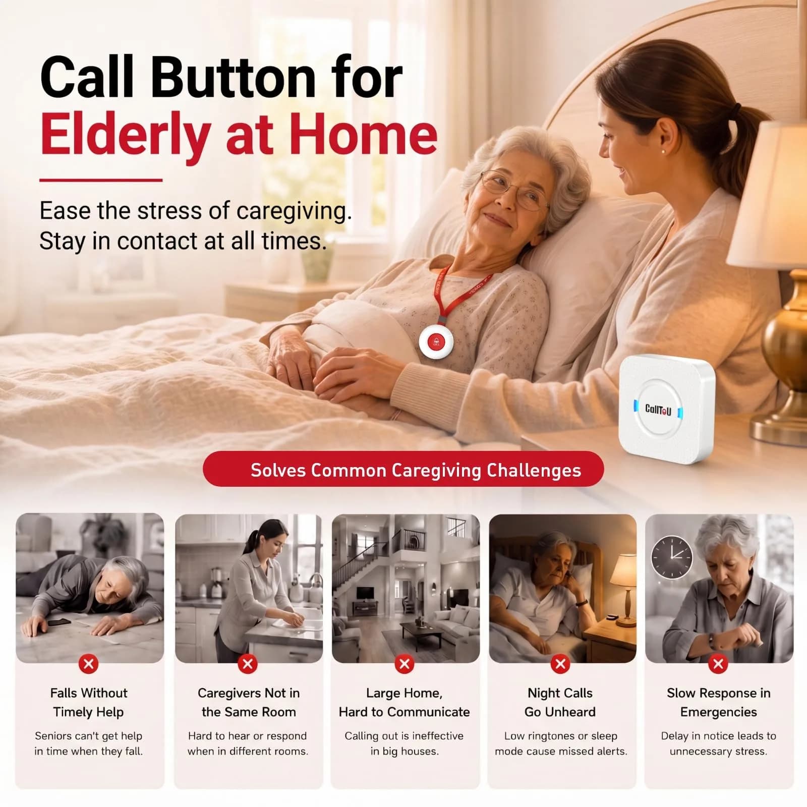 CallToU Wireless Caregiver Pager 2 Call Buttons + 2 Receivers | 500 ft Range, IP55 Water-Resistant - view 6