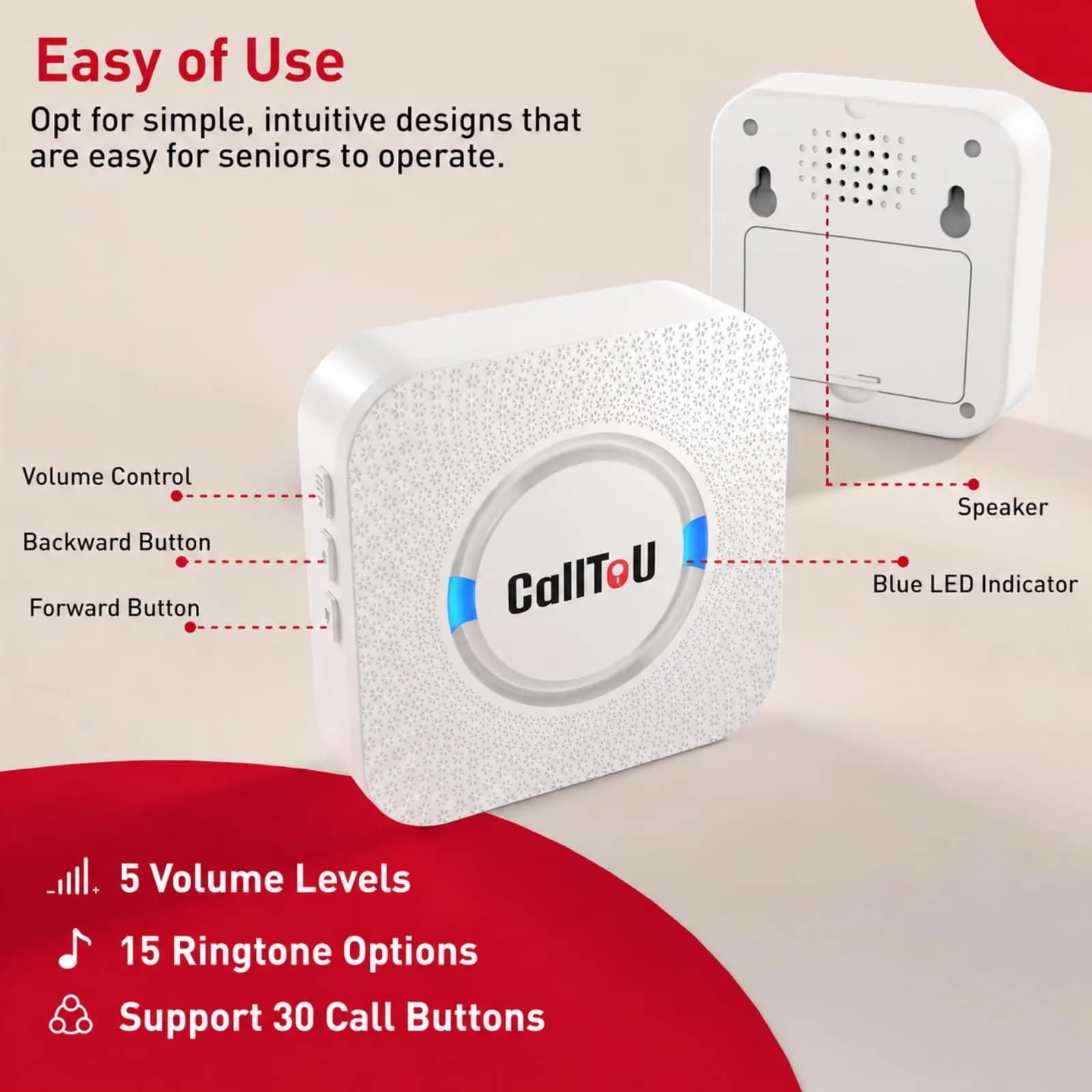 CallToU Wireless Caregiver Pager 2 Call Buttons + 2 Receivers | 500 ft Range, IP55 Water-Resistant - view 7