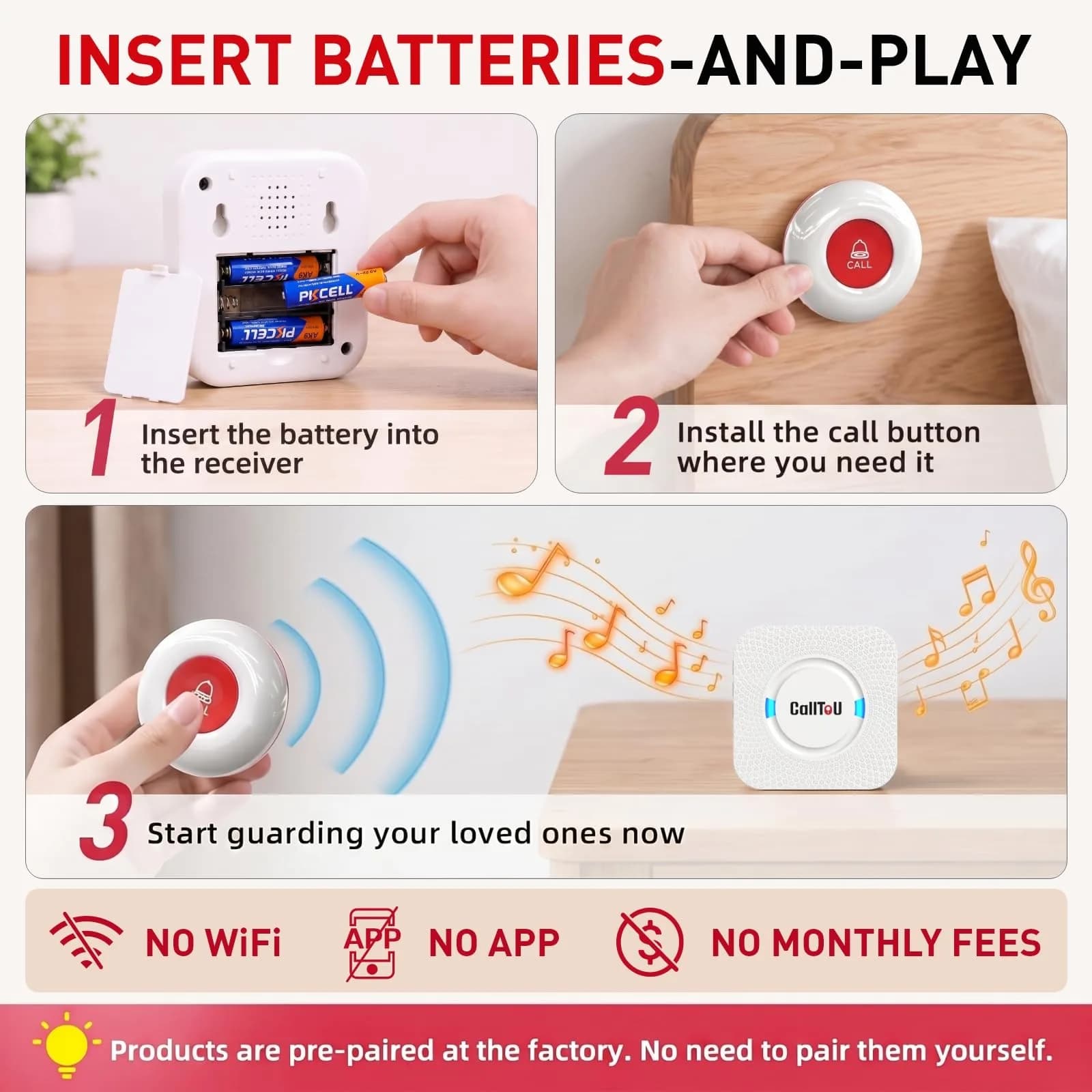 CallToU Wireless Caregiver Pager 2 Call Buttons + 2 Receivers | 500 ft Range, IP55 Water-Resistant - view 9