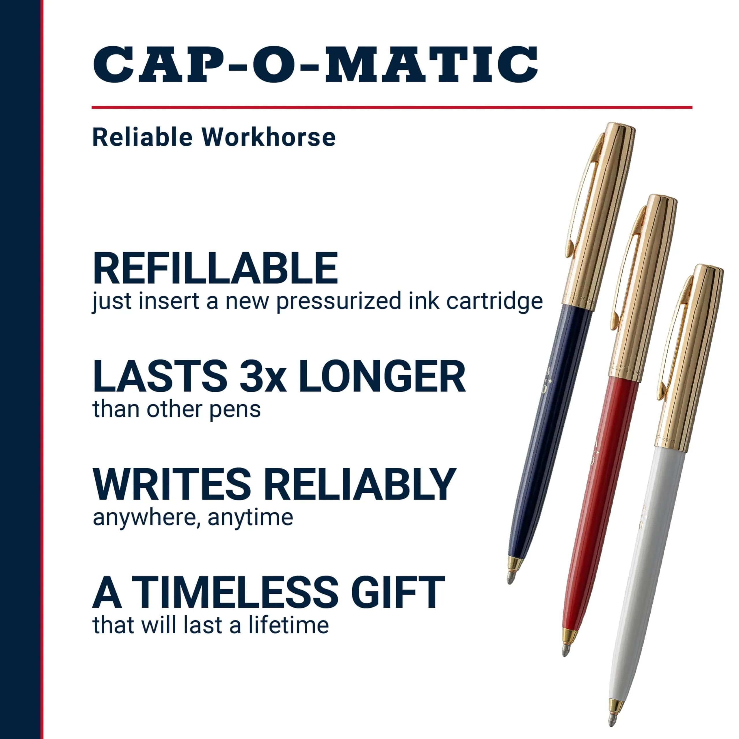 Fisher Space Pen Red, White, Blue Barrels / Gold Caps Cap-O-Matic, 3 Pack - view 2
