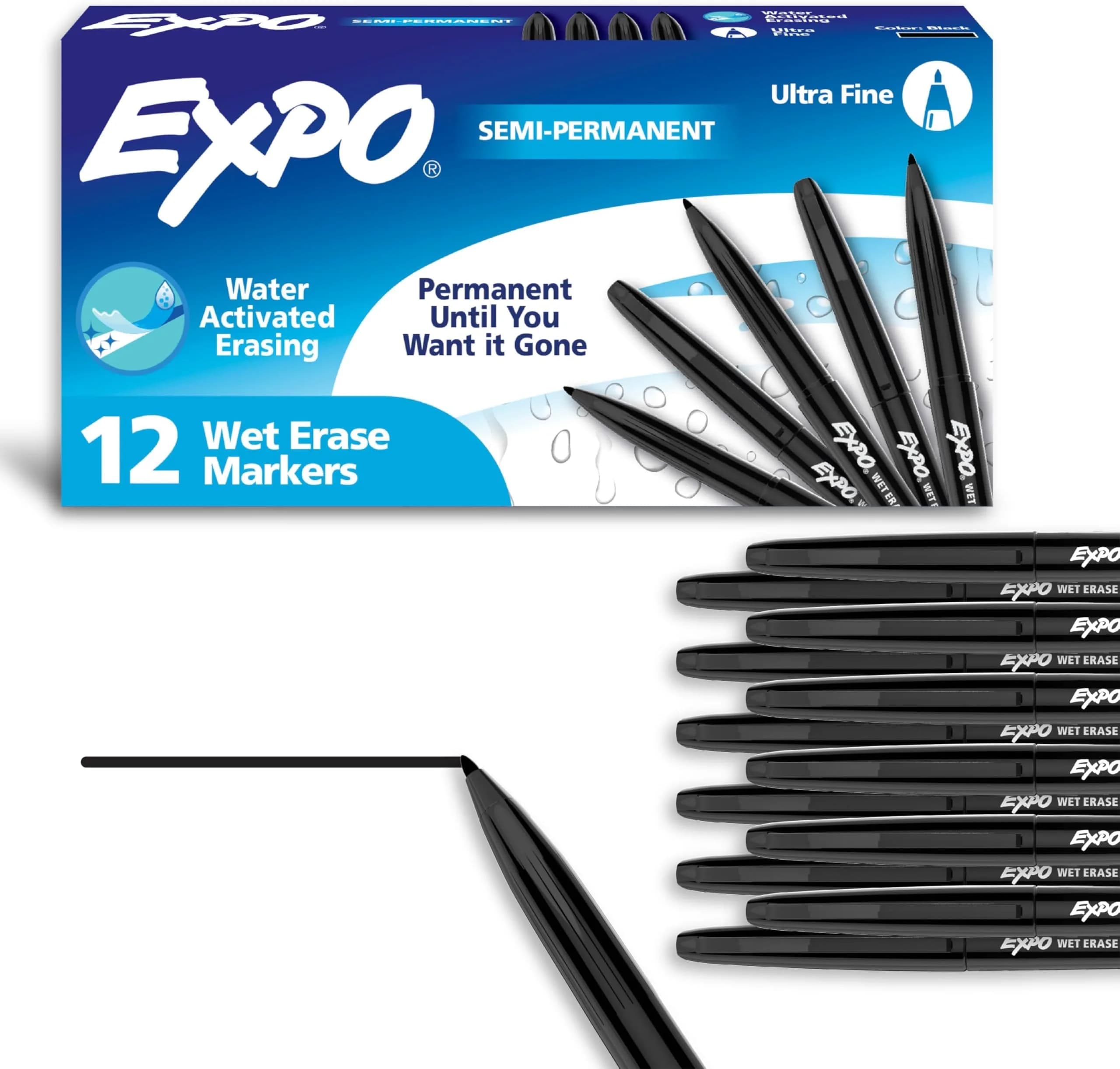 EXPO Wet Erase Markers, Black, Ultra Fine Tip, 12 Count (Pack of 12) | Water-Activated Erasable for Glass & Whiteboards - main product image