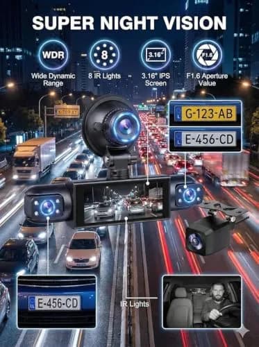 Wagoyo Dash Cam Front and Rear Inside,4 Channel,IR Night Vision for Driver (Grey) | 1080p HD, Night Vision, Parking Monitor thumbnail 7