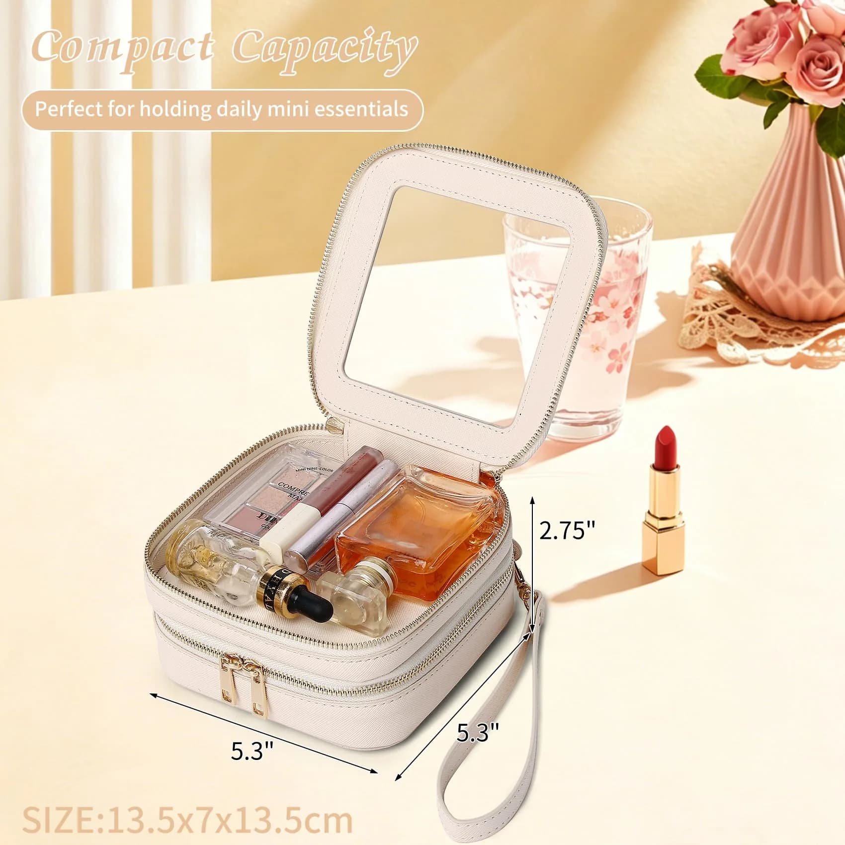 Pinkmik Double Layer Makeup Bag MINI Beige 13.5cm (5.3") x 13.5cm (5.3") x 7cm (2.75") | TSA Approved Travel Organizer - view 4