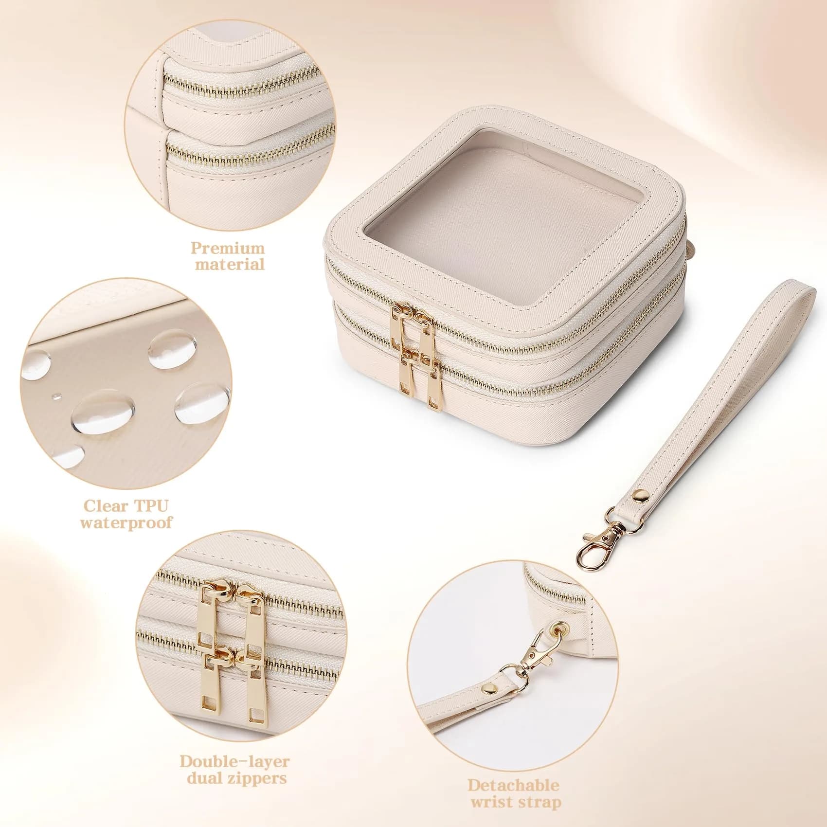 Pinkmik Double Layer Makeup Bag MINI Beige 13.5cm (5.3") x 13.5cm (5.3") x 7cm (2.75") | TSA Approved Travel Organizer - view 5