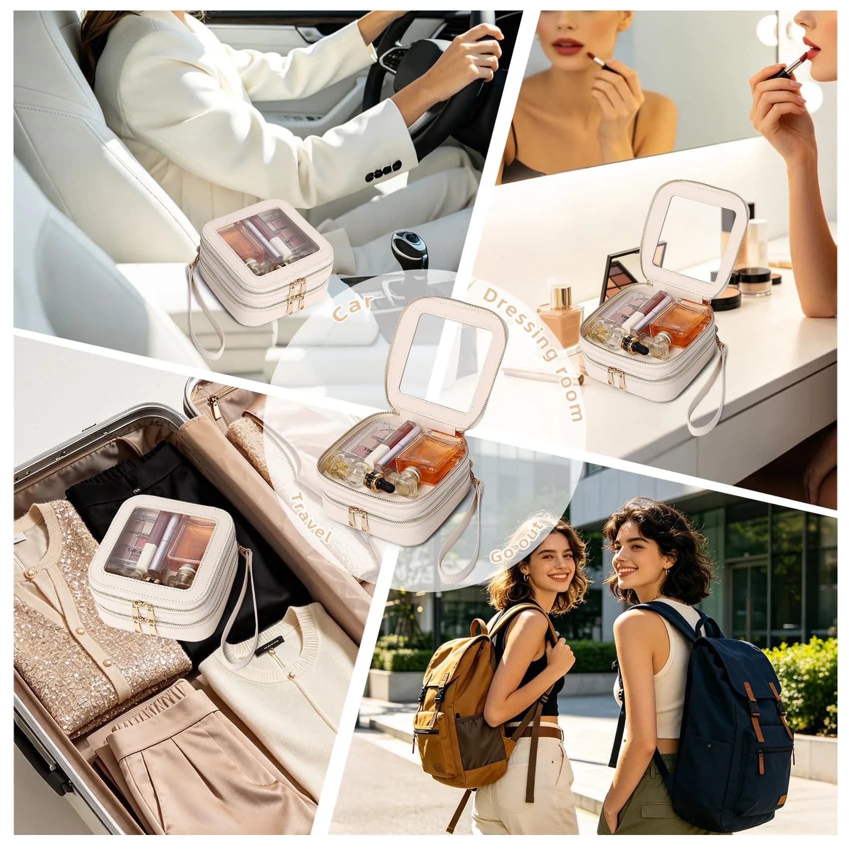Pinkmik Double Layer Makeup Bag MINI Beige 13.5cm (5.3") x 13.5cm (5.3") x 7cm (2.75") | TSA Approved Travel Organizer - view 6