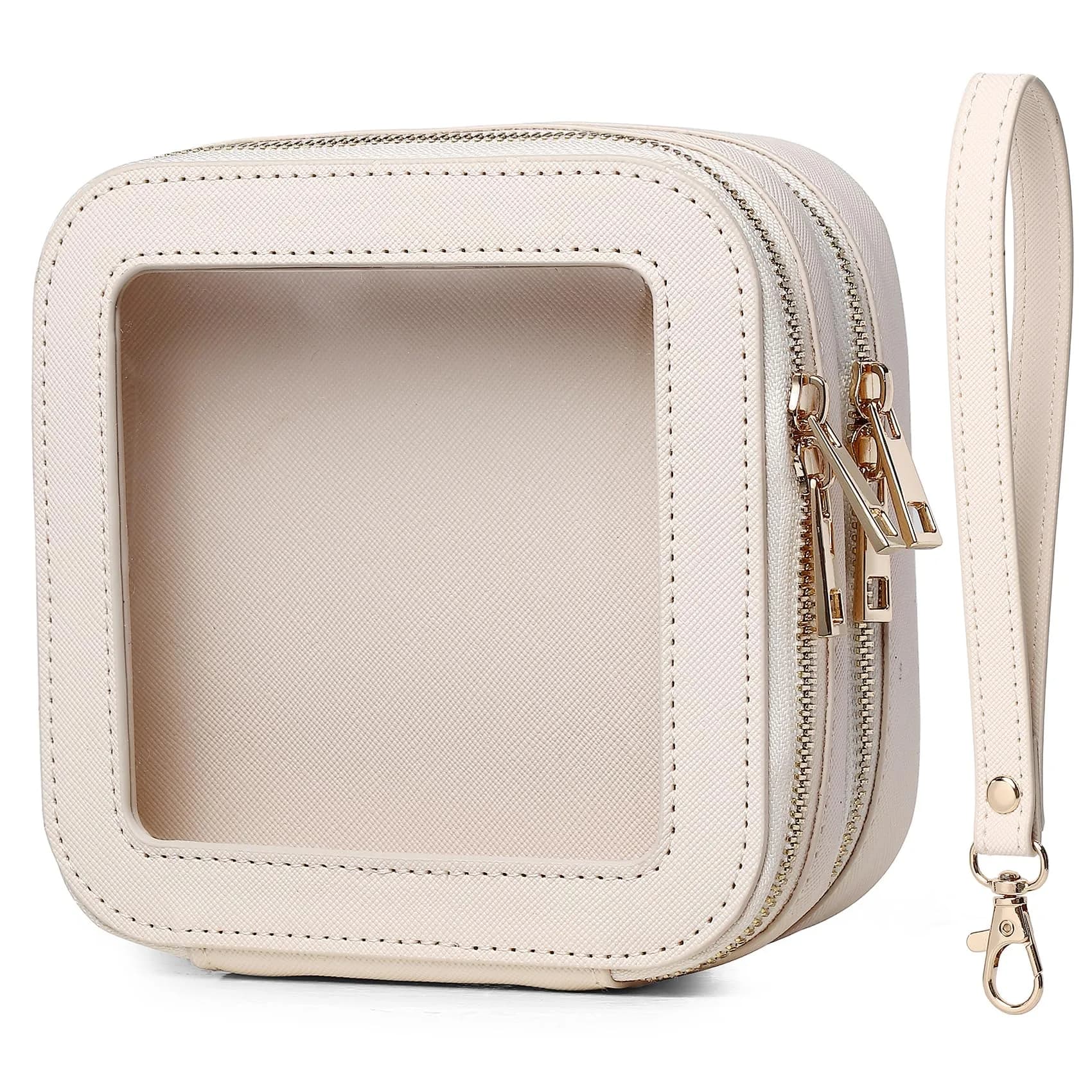Pinkmik Double Layer Makeup Bag MINI Beige 13.5cm (5.3") x 13.5cm (5.3") x 7cm (2.75") | TSA Approved Travel Organizer - main product image