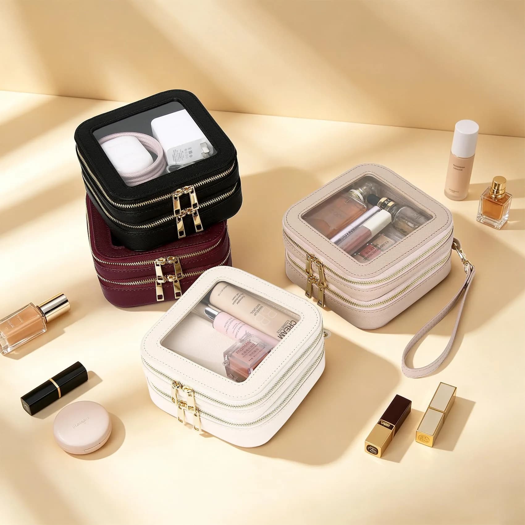 Pinkmik Double Layer Makeup Bag MINI Beige 13.5cm (5.3") x 13.5cm (5.3") x 7cm (2.75") | TSA Approved Travel Organizer - view 7