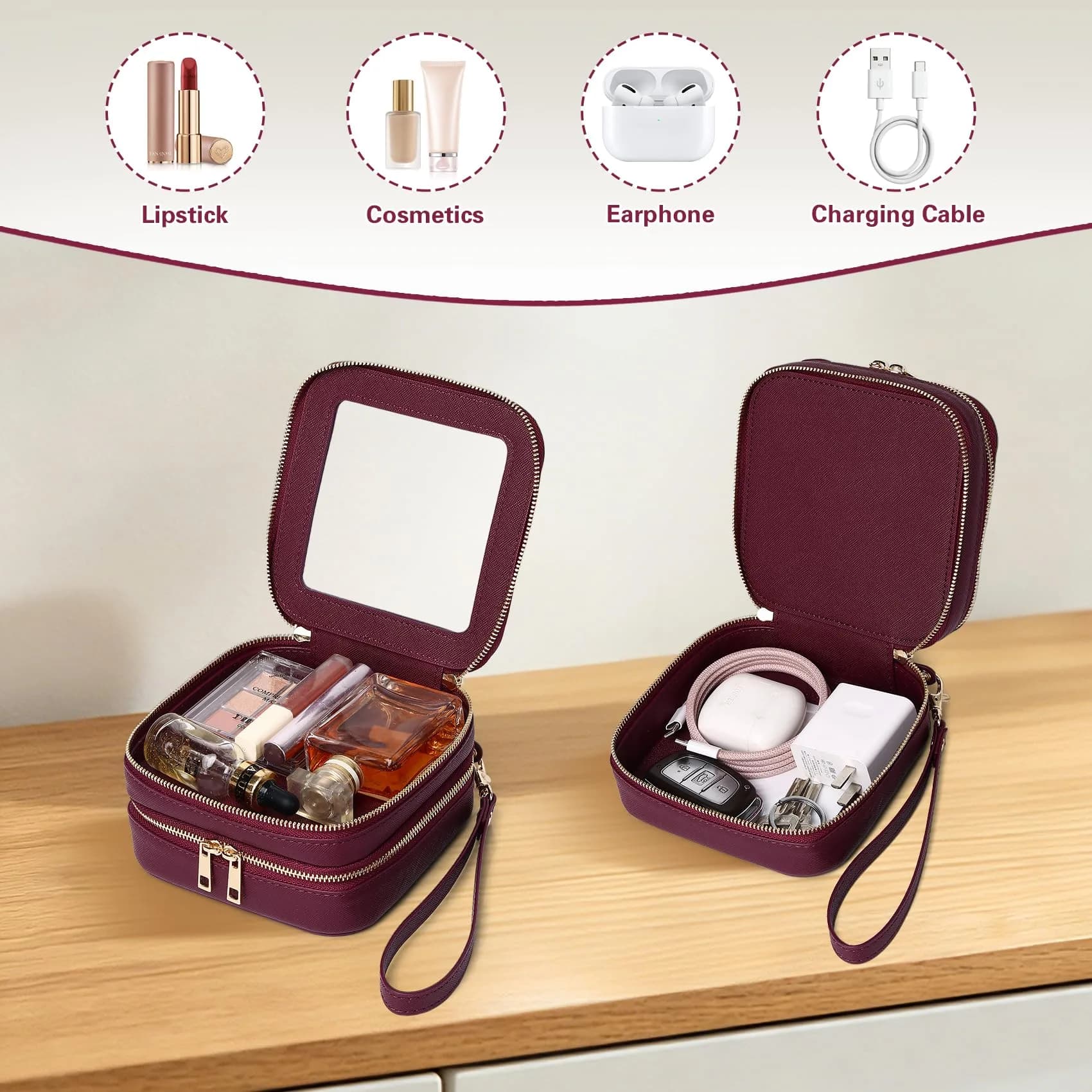 Pinkmik Burgundy 2-Layer MINI Clear Makeup Bag Set | TSA Approved Travel Cosmetic Case - view 3