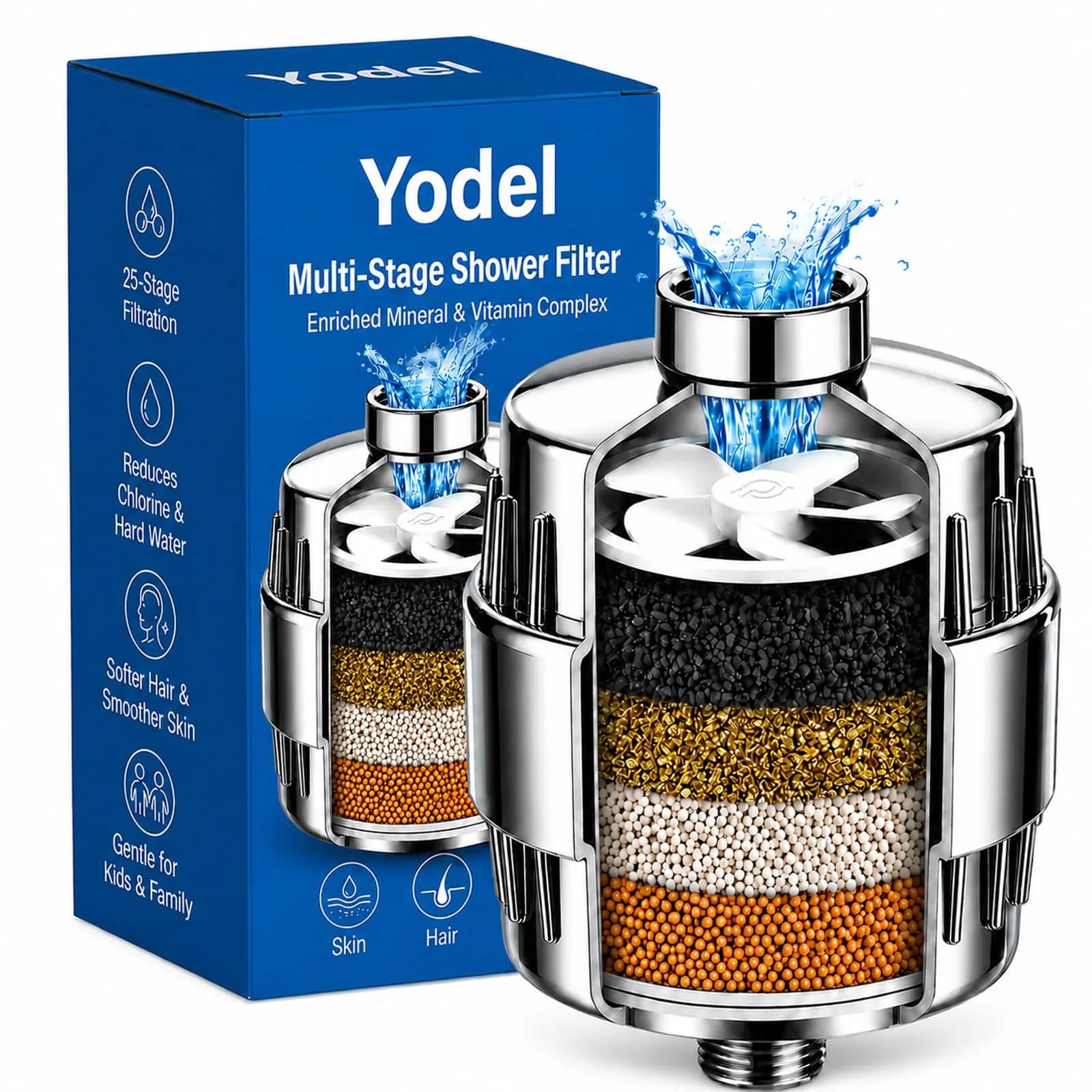 Yodel Shower Filter for Hard Water | Inline KDF-55 with Vitamin C, 8,000 Gallons, Polished Chrome — Silver