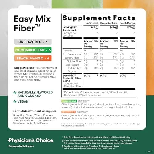 Physician's CHOICE Easy Mix Fiber Stick Packs Variety Pack 5.4oz (153g) | Daily Prebiotic Fiber for Digestive Health thumbnail 7