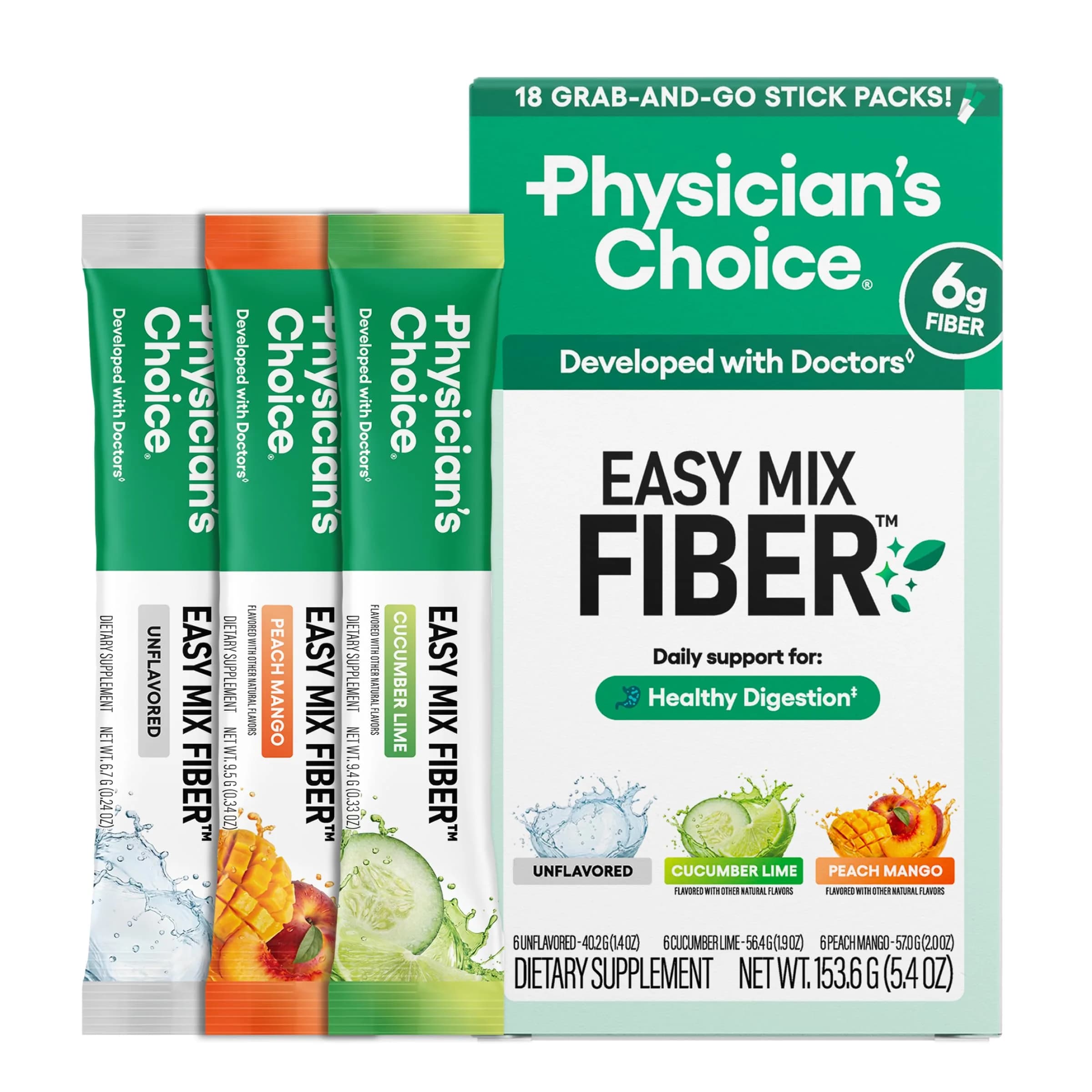 Physician's CHOICE Easy Mix Fiber Stick Packs Variety Pack 5.4oz (153g) | Daily Prebiotic Fiber for Digestive Health - main product image