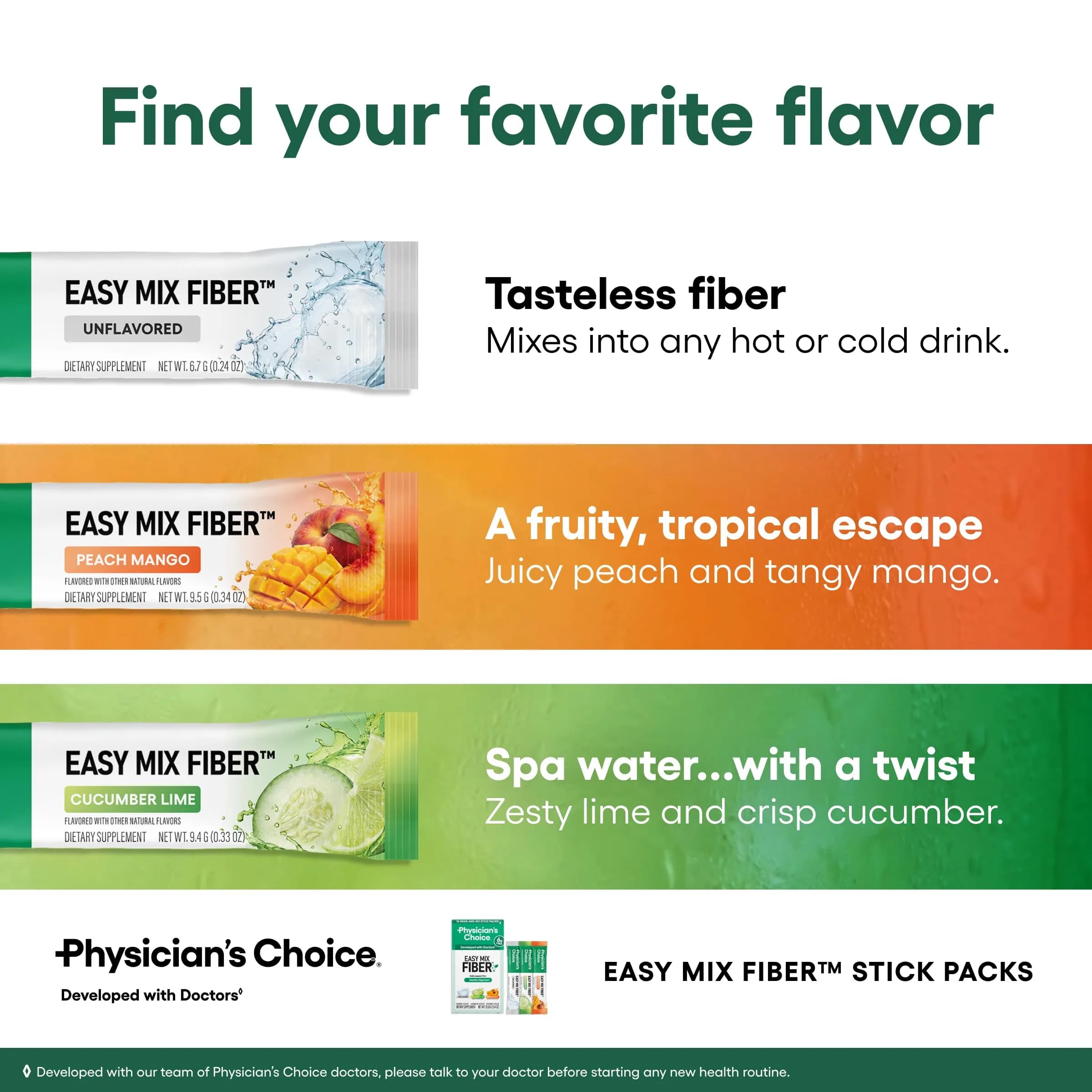 Physician's CHOICE Easy Mix Fiber Stick Packs Variety Pack 5.4oz (153g) | Daily Prebiotic Fiber for Digestive Health - view 8
