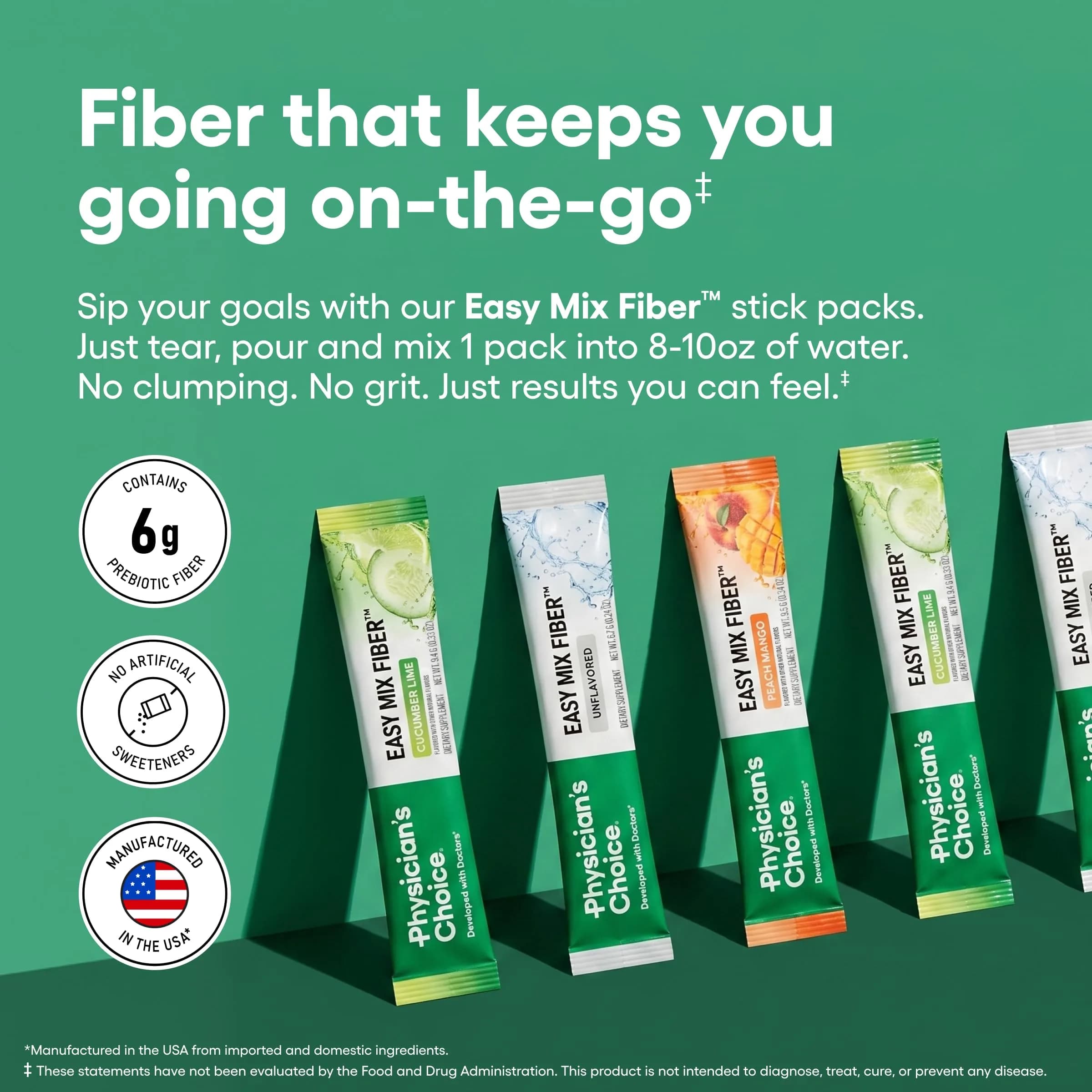 Physician's CHOICE Easy Mix Fiber Stick Packs Variety Pack 5.4oz (153g) | Daily Prebiotic Fiber for Digestive Health - view 2