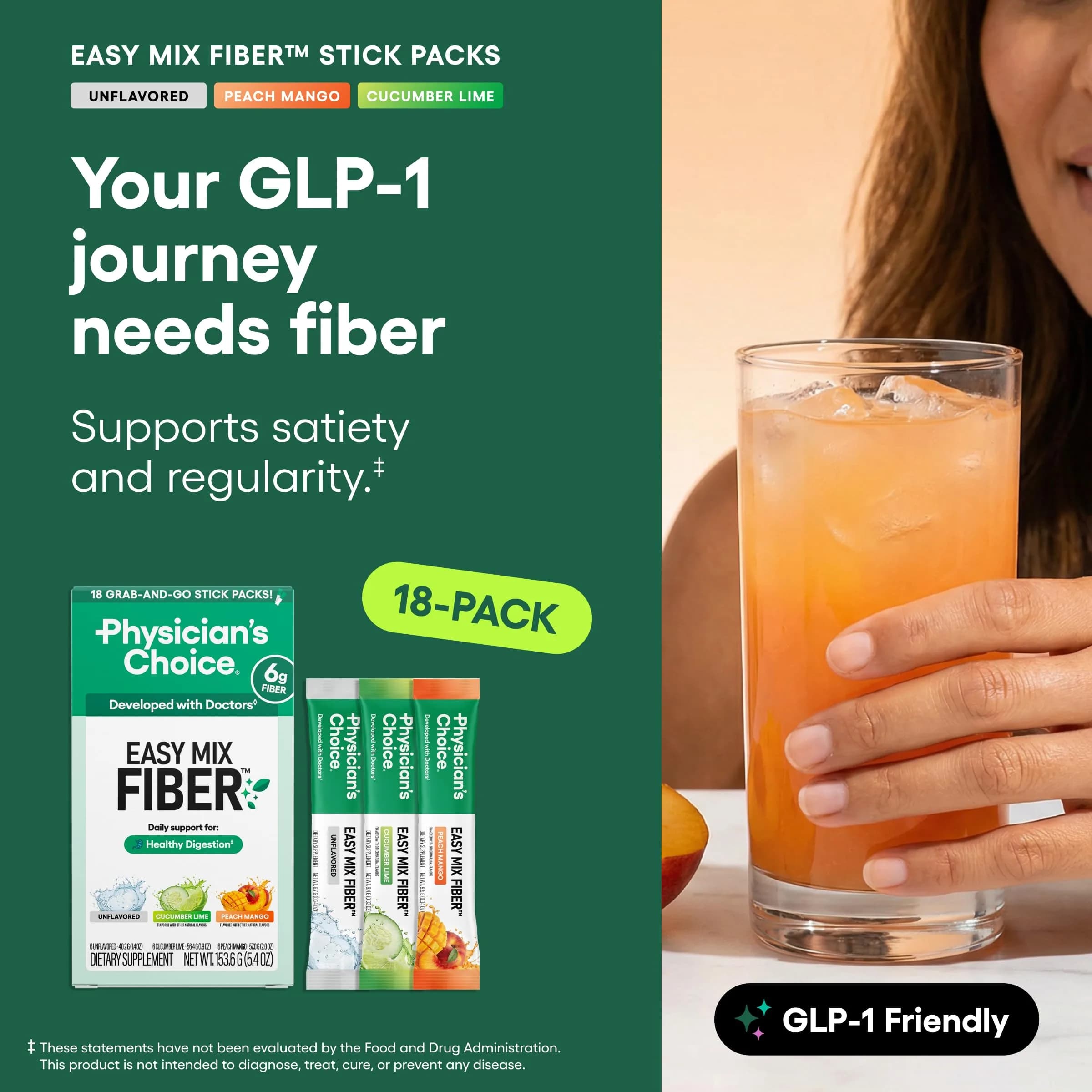 Physician's CHOICE Easy Mix Fiber Stick Packs Variety Pack 5.4oz (153g) | Daily Prebiotic Fiber for Digestive Health - view 3