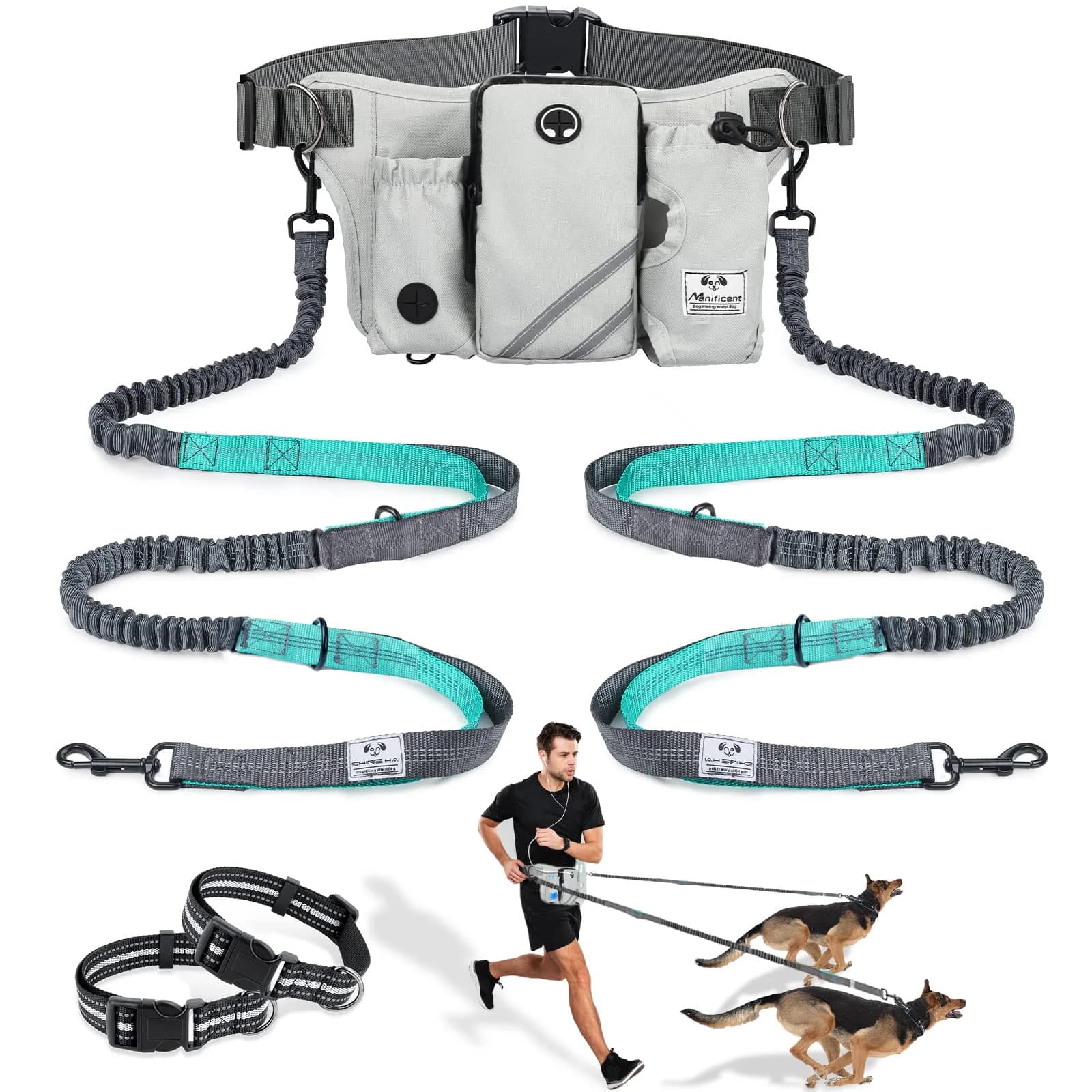 SHINE HAI Retractable Hands Free Dog Leash with Dual Bungees for 2 Dogs, Adjustable Waist Belt, Reflective Stitching Leash for Running Walking Hiking Jogging Biking Black - Gray2 | Fits All Dog Sizes