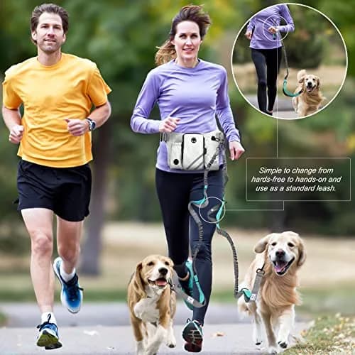 SHINE HAI Retractable Hands Free Dog Leash with Dual Bungees for 2 Dogs, Adjustable Waist Belt, Reflective Stitching Leash for Running Walking Hiking Jogging Biking Black - Gray2 | Fits All Dog Sizes thumbnail 2