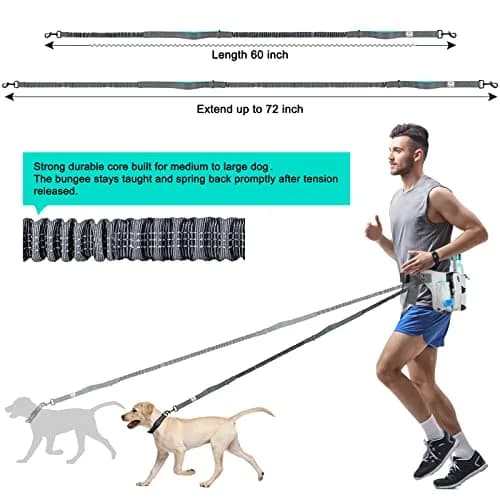 SHINE HAI Retractable Hands Free Dog Leash with Dual Bungees for 2 Dogs, Adjustable Waist Belt, Reflective Stitching Leash for Running Walking Hiking Jogging Biking Black - Gray2 | Fits All Dog Sizes thumbnail 4