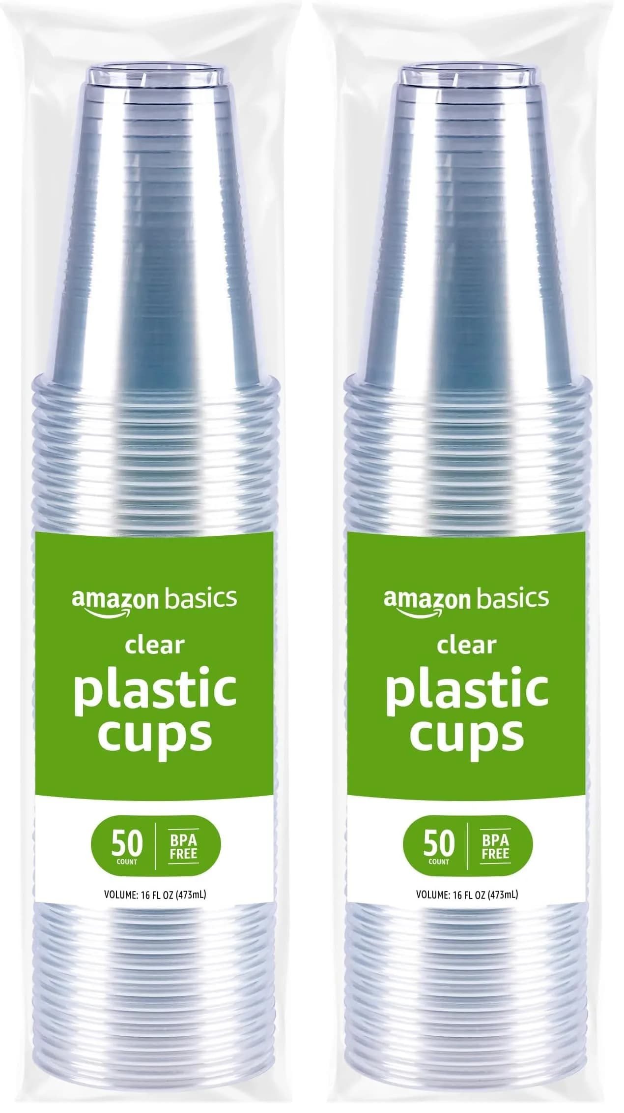 Amazon Basics Disposable Clear Plastic Cups for Cold Drinks, BPA-Free, Easy to Hold, 473ml (16oz) Pack of 100 | Value Pack for Everyday Use — Transparent