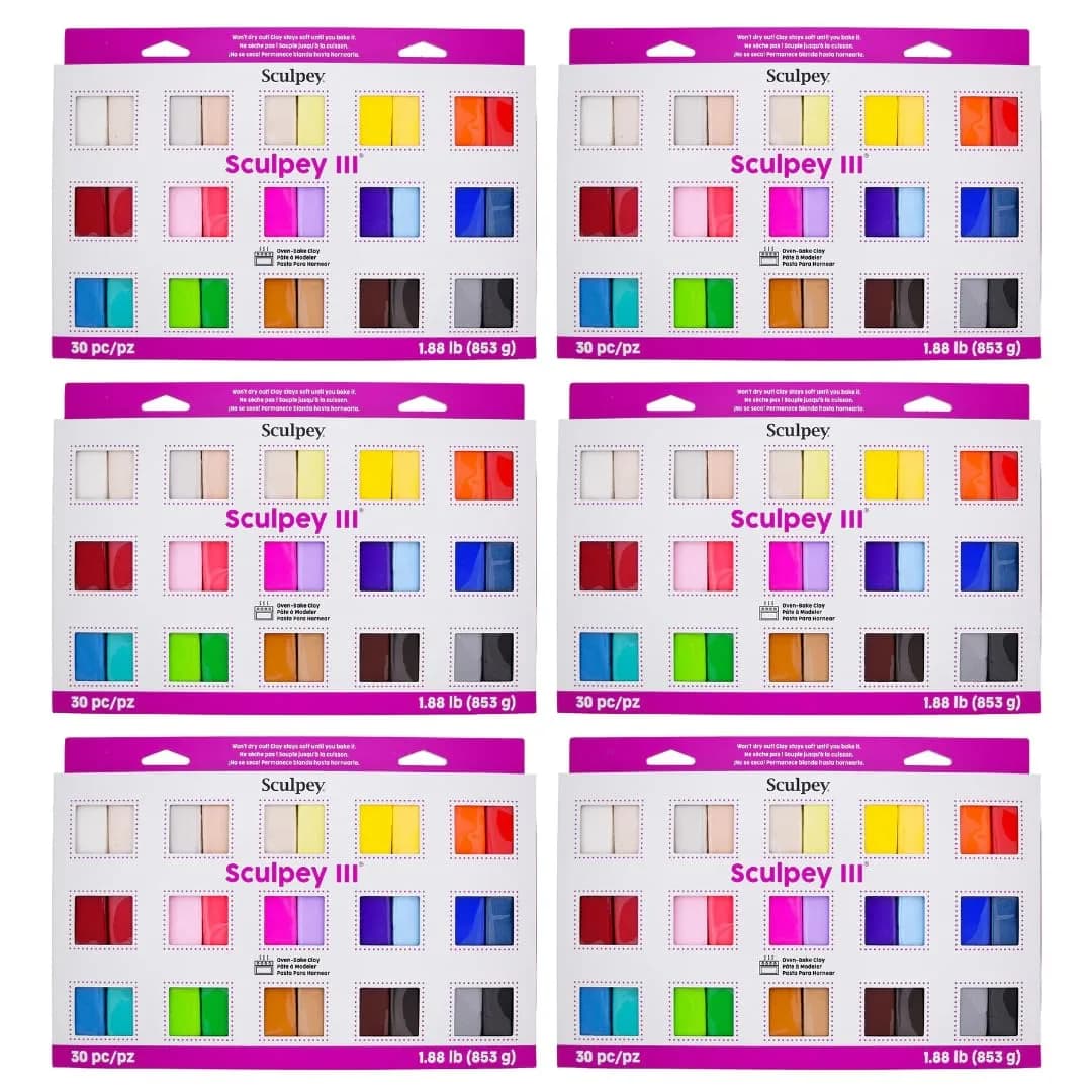 Sculpey III Oven-Bake Polymer Clay 30-Count Sampler Set, 30 Assorted Colors in 1 oz. Bars, Perfect for Jewelry, Home Decor, and General Crafting, Class Pack of 6 Sets, 180 Bars of Clay Total