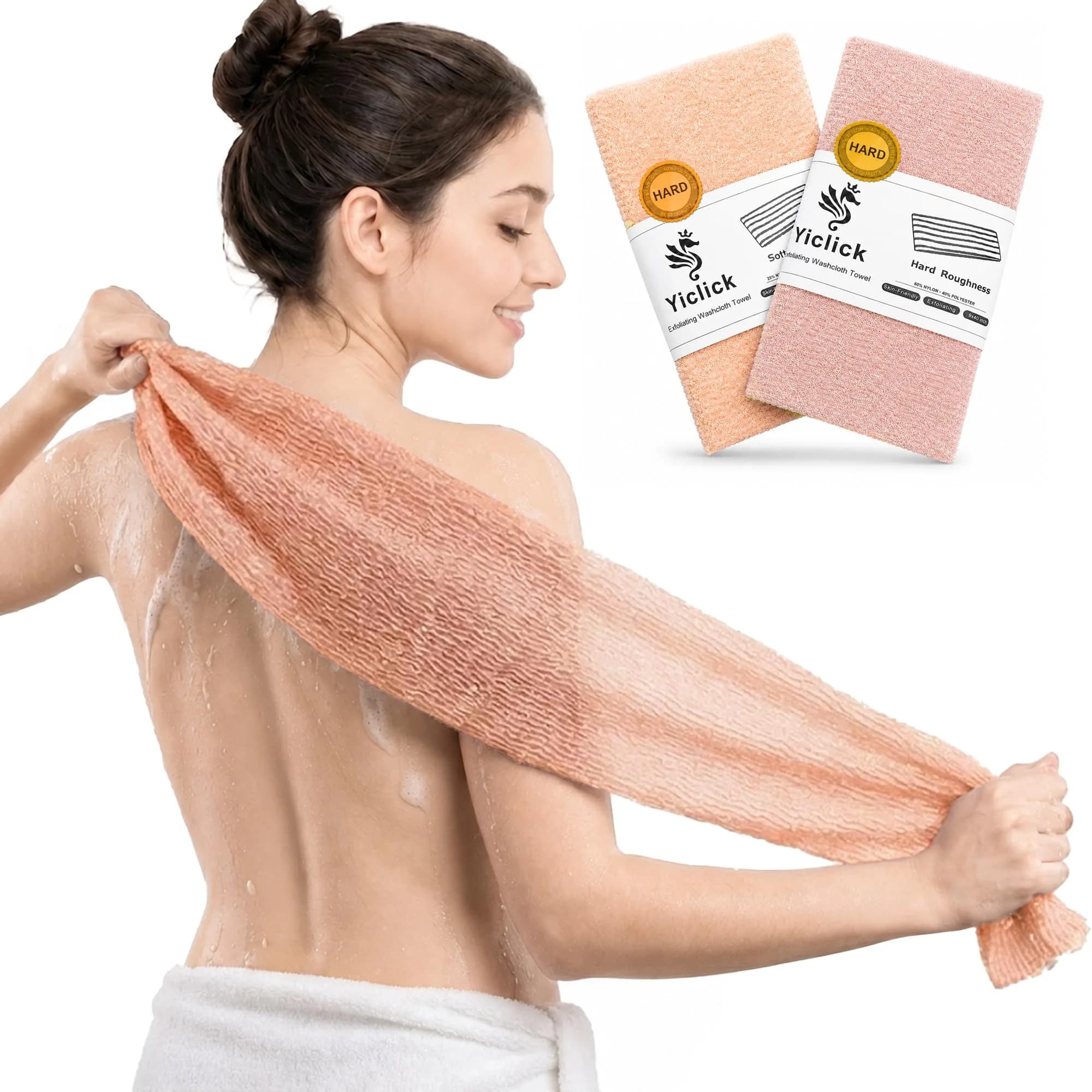 Yiclick Exfoliating Washcloth Towel 2-Pack (40-inch Length) | Korean Japanese Style Back Scrubber for Shower — Apricot Pink