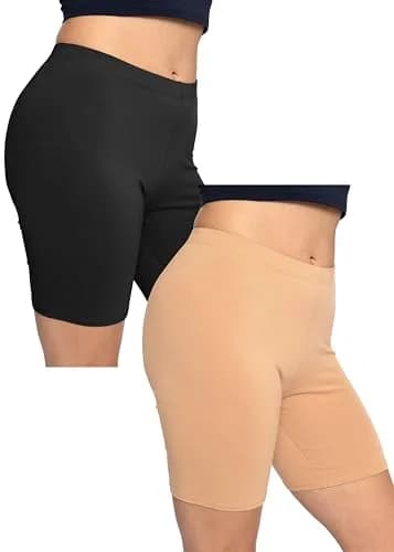 STRETCH IS COMFORT Women's Cotton Biker Shorts 2 Pack Black|Beige Medium | Soft Cotton Stretch Fit for Daily Comfort thumbnail 1